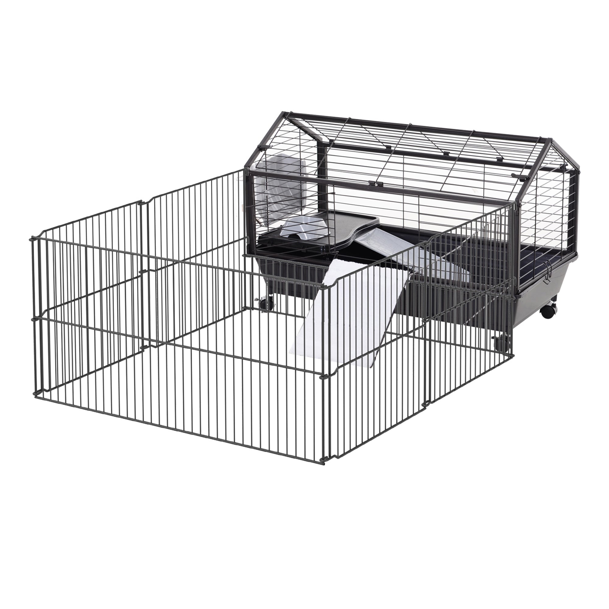 PawHut Metal Small Animal Cage, Rabbit Cage for Guinea Pig Chinchilla Hedgehog Bunny with Removable Wheels and Foldable Detachable Run Fence, 34.6" L x 50.6" W x 22" H