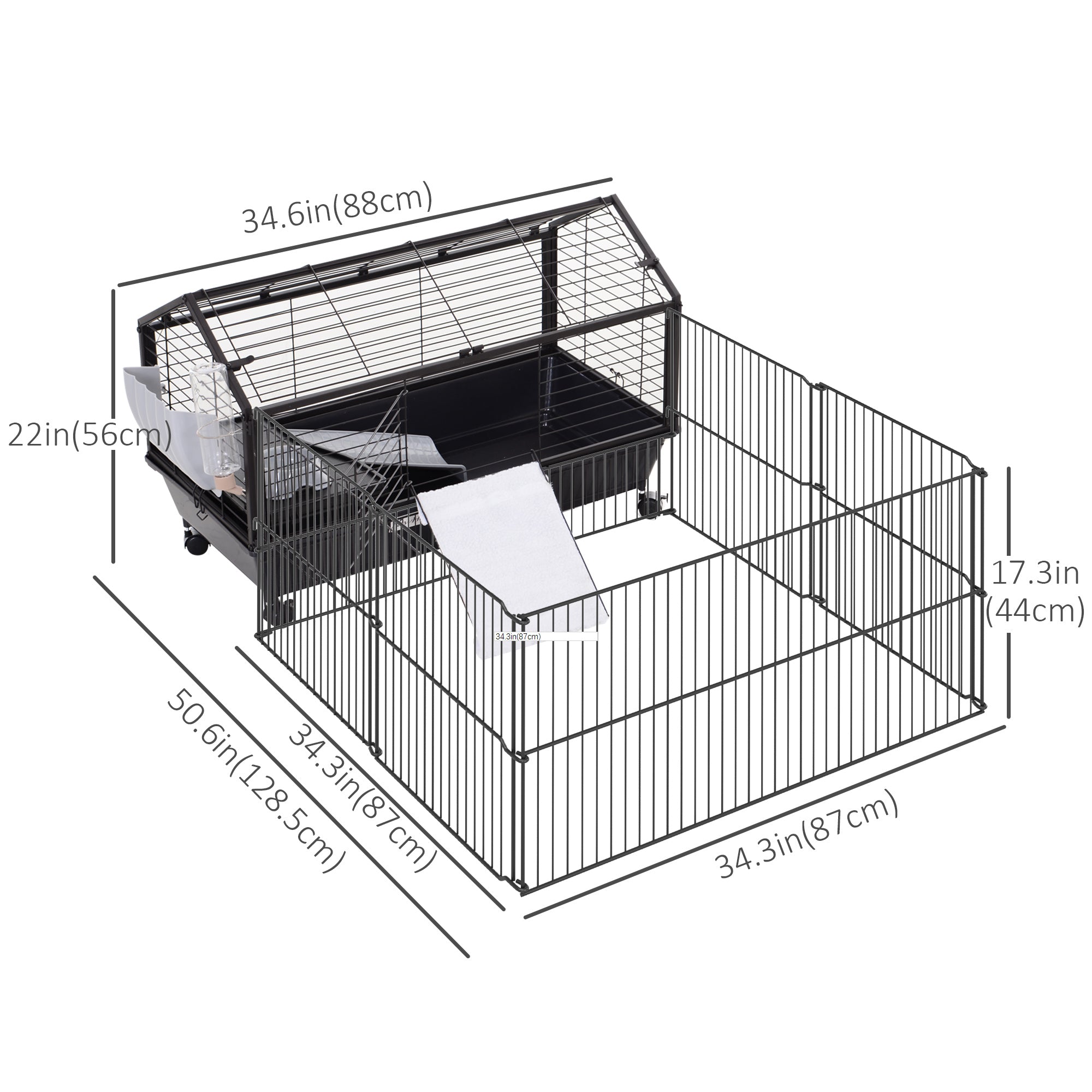PawHut Metal Small Animal Cage, Rabbit Cage for Guinea Pig Chinchilla Hedgehog Bunny with Removable Wheels and Foldable Detachable Run Fence, 34.6