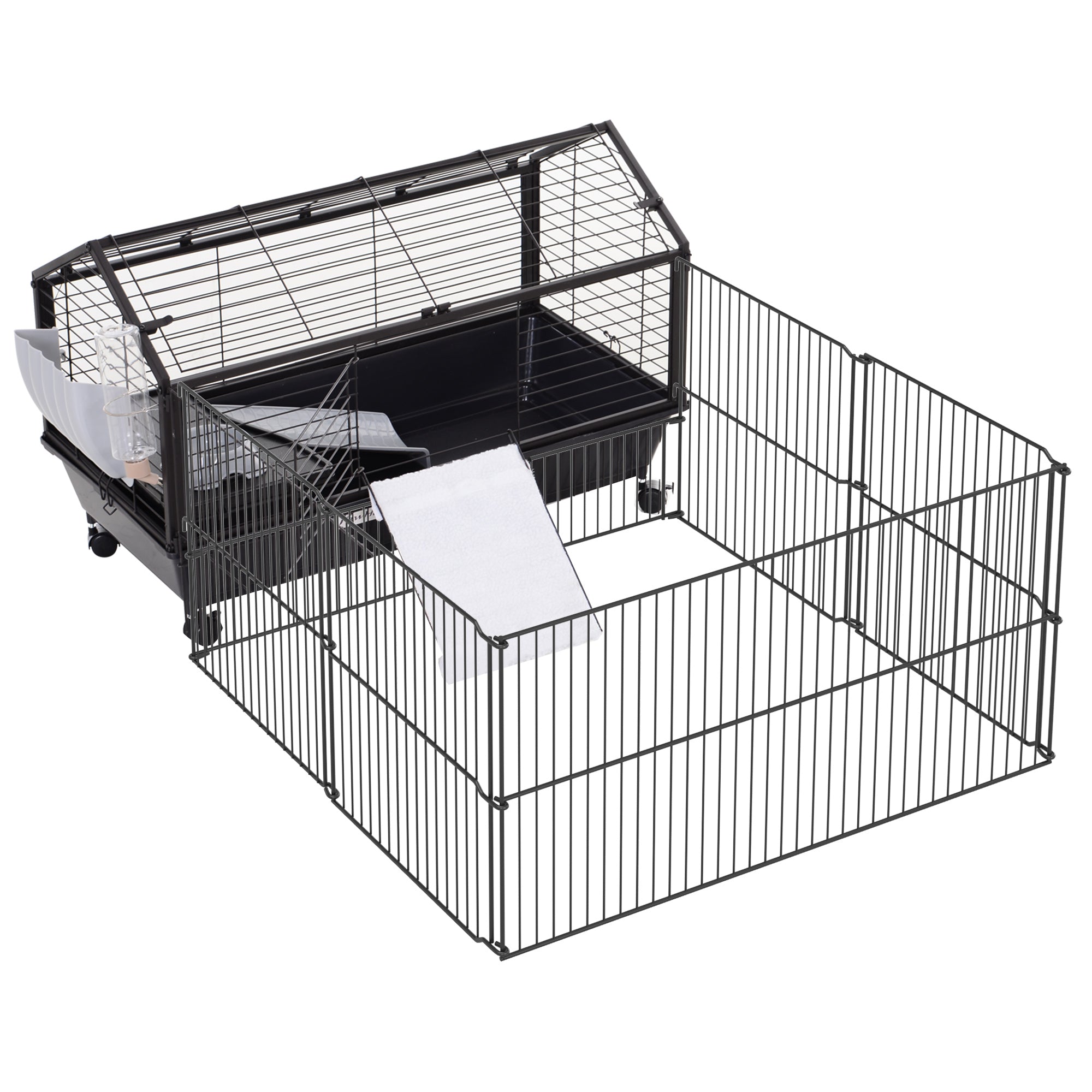 PawHut Metal Small Animal Cage, Rabbit Cage for Guinea Pig Chinchilla Hedgehog Bunny with Removable Wheels and Foldable Detachable Run Fence, 34.6" L x 50.6" W x 22" H