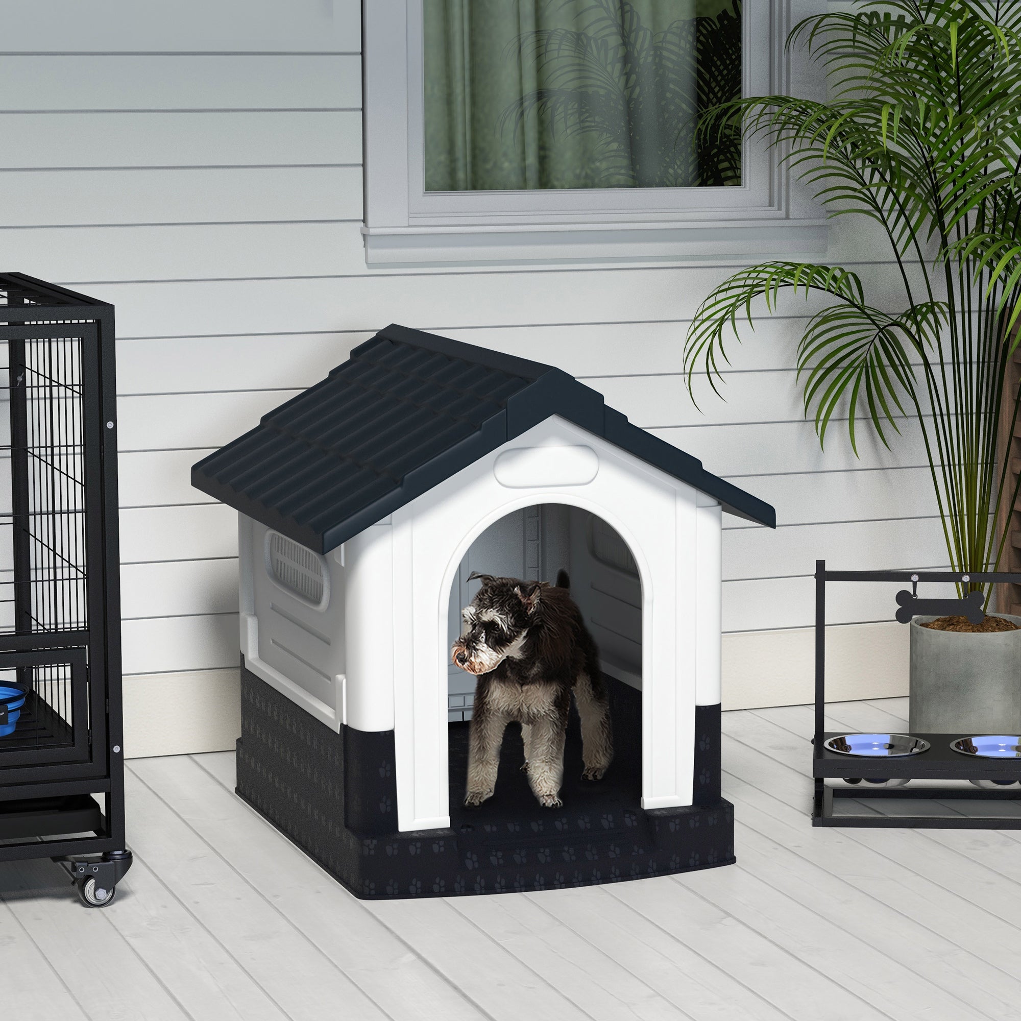 PawHut Dog Kennel for Outside, Plastic Dog House, Water-Resistant Pet Shelter with Windows, for Garden Patio, Miniature and Small Dogs, 80 x 69 x 76cm - Grey