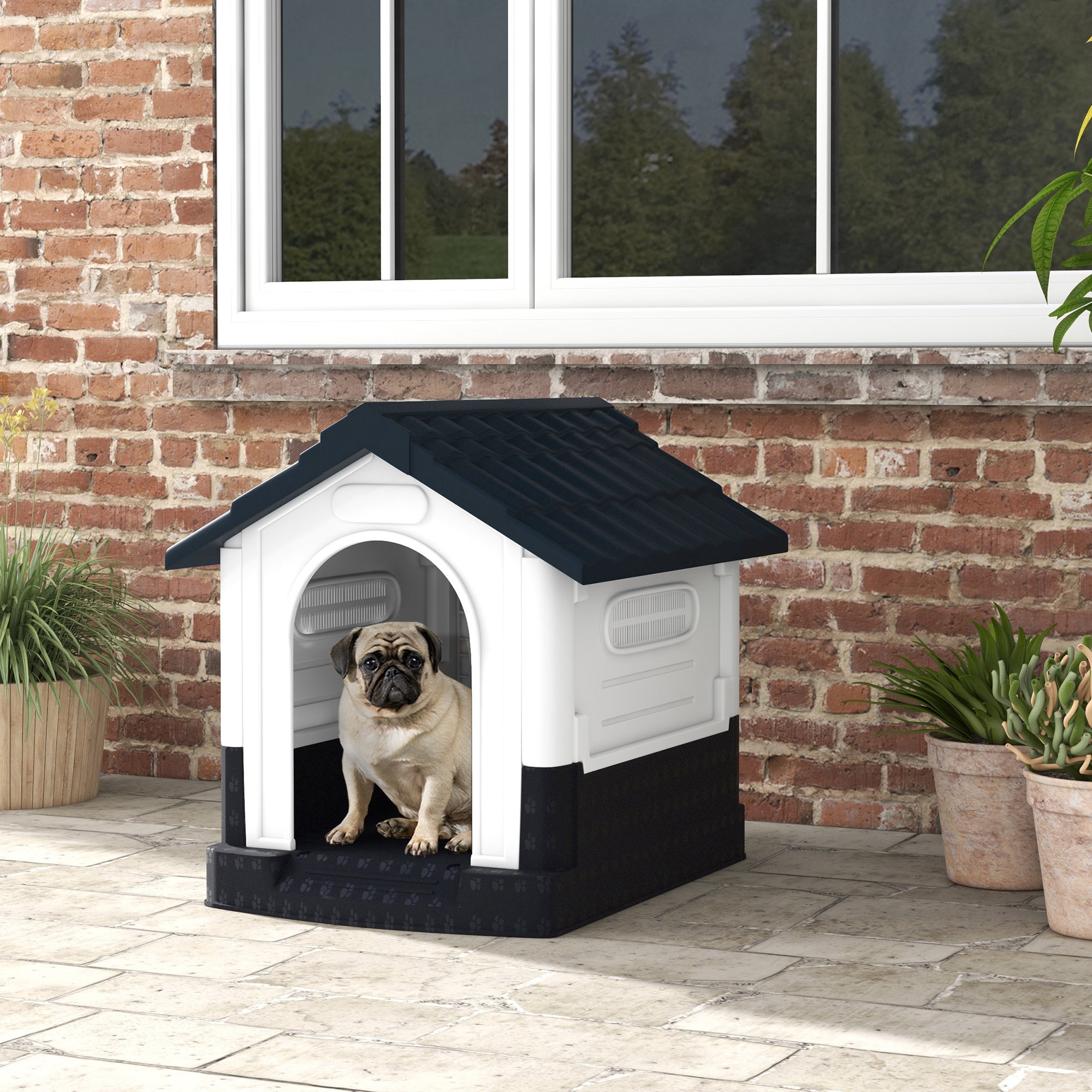 PawHut Dog Kennel for Outside, Plastic Dog House, Water-Resistant Pet Shelter with Windows, for Garden Patio, Miniature and Small Dogs, 80 x 69 x 76cm - Grey