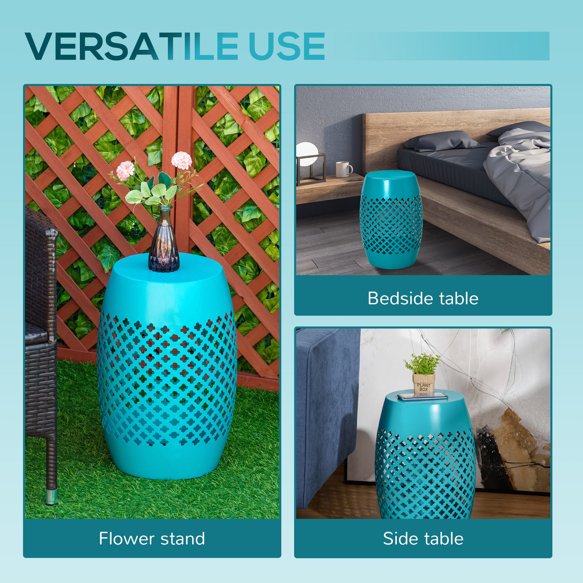 Outsunny 12.5" Outdoor Side Table, Steel Patio End Table, Round Hollow Drum Accent Table for Garden, Porch, Balcony, Yard, Teal
