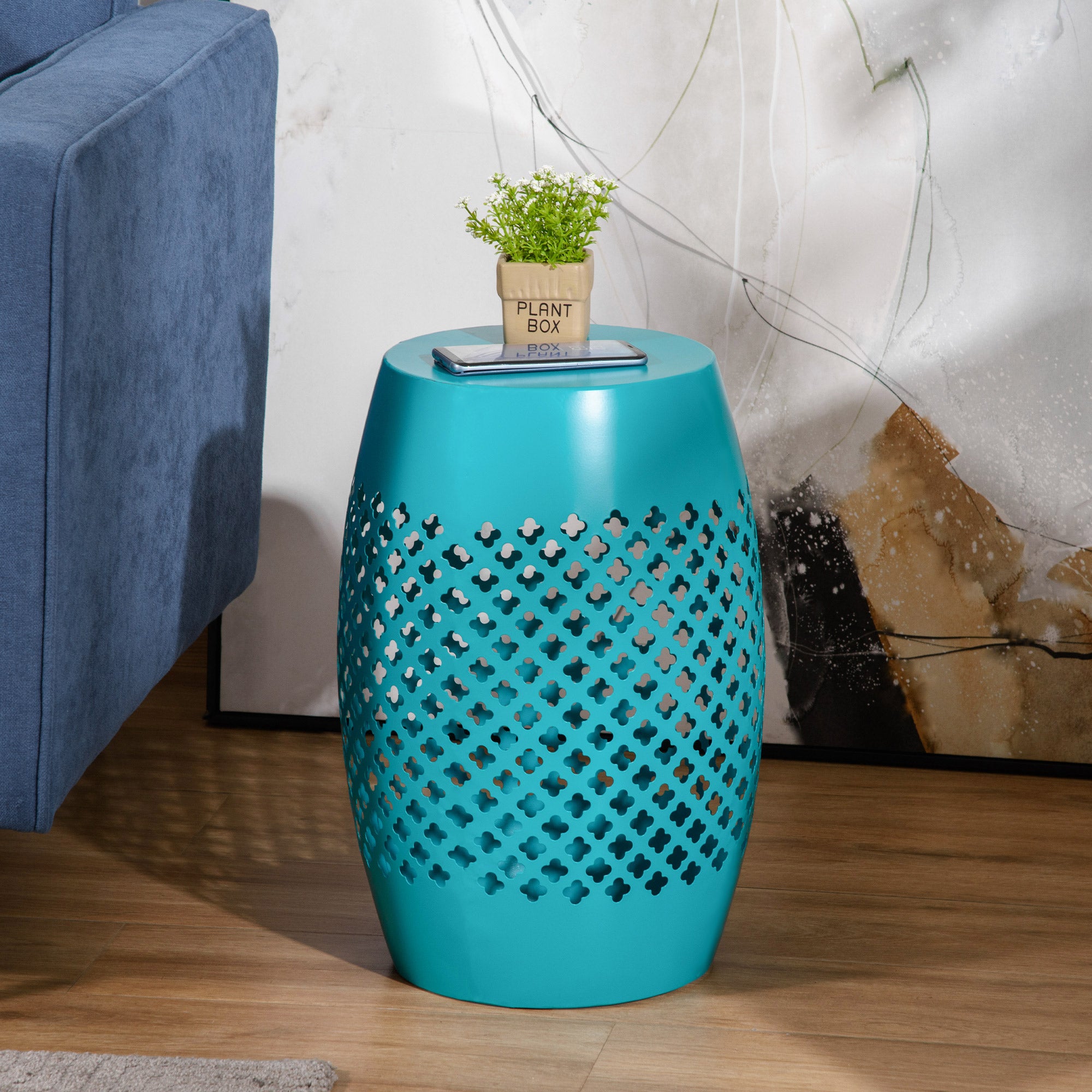 Outsunny 12.5" Outdoor Side Table, Steel Patio End Table, Round Hollow Drum Accent Table for Garden, Porch, Balcony, Yard, Teal