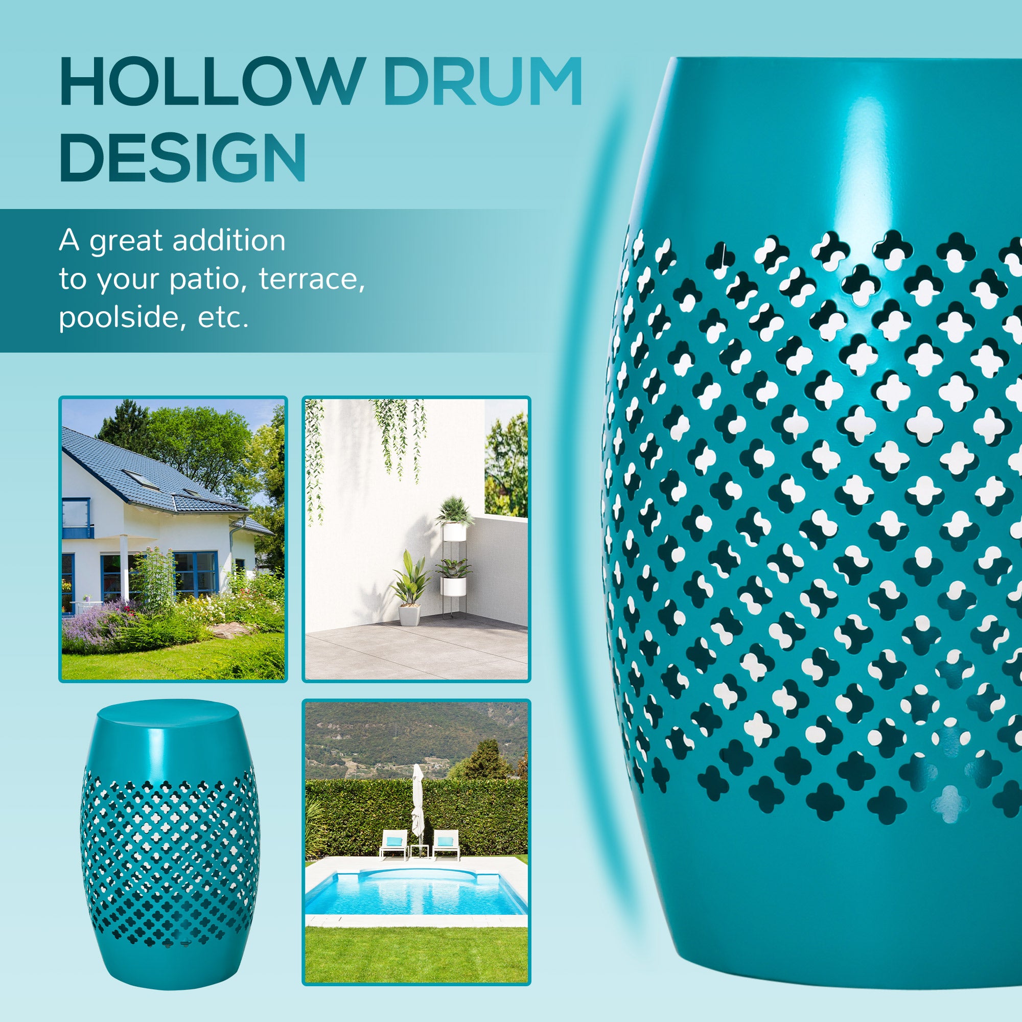 Outsunny 12.5" Outdoor Side Table, Steel Patio End Table, Round Hollow Drum Accent Table for Garden, Porch, Balcony, Yard, Teal