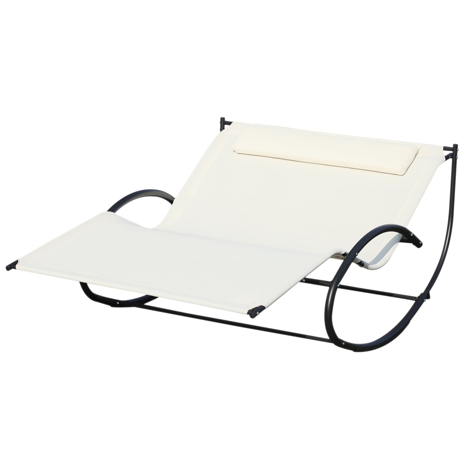 Outsunny Double Chaise Lounger Garden Rocker Sun Bed Outdoor Hammock Chair Texteline with Pillow Cream White