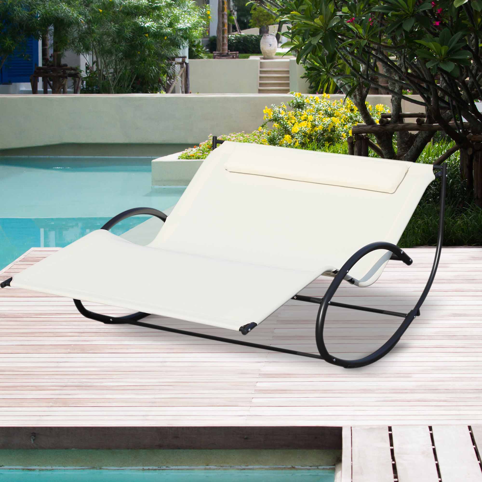 Outsunny Double Chaise Lounger Garden Rocker Sun Bed Outdoor Hammock Chair Texteline with Pillow Cream White