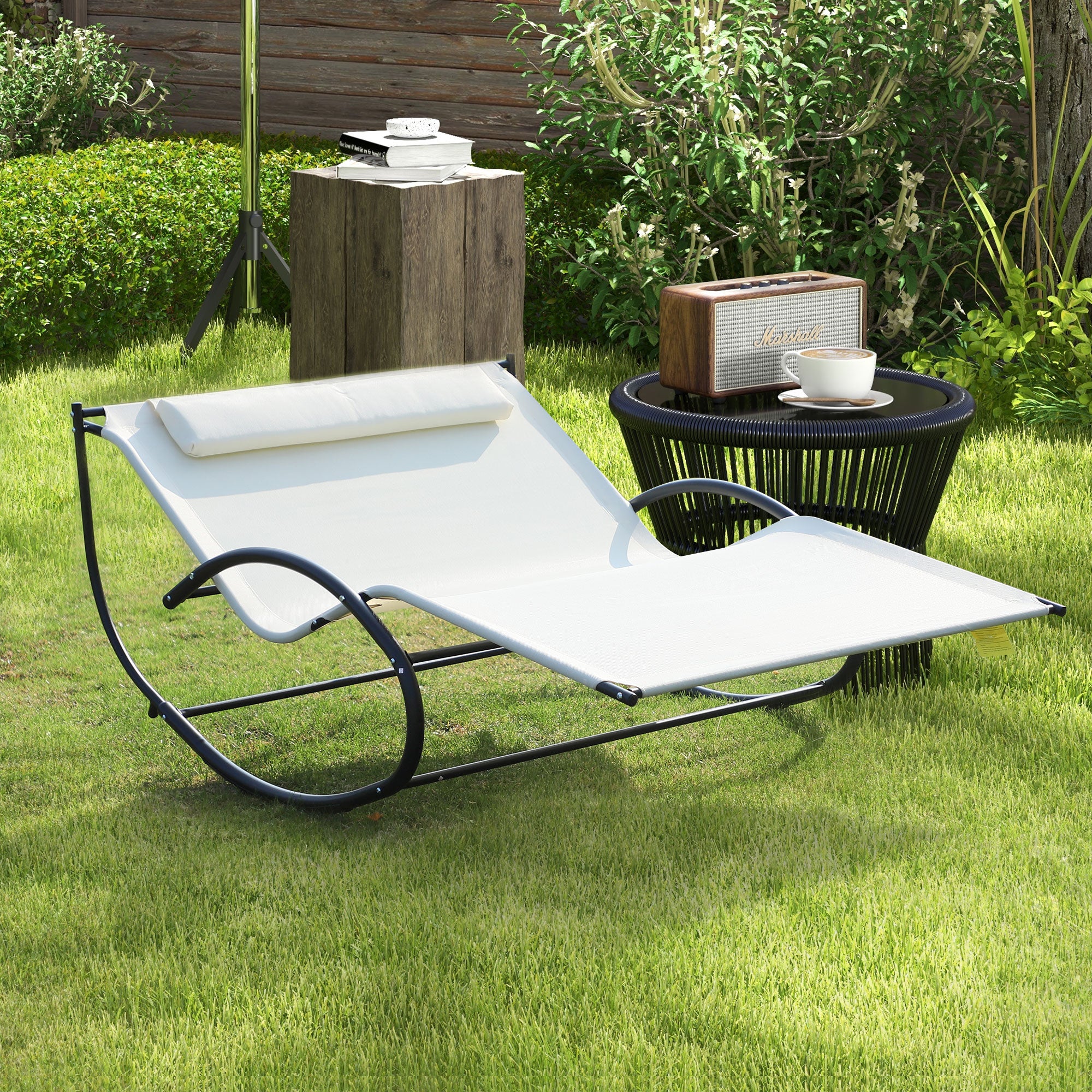 Outsunny Double Chaise Lounger Garden Rocker Sun Bed Outdoor Hammock Chair Texteline with Pillow Cream White