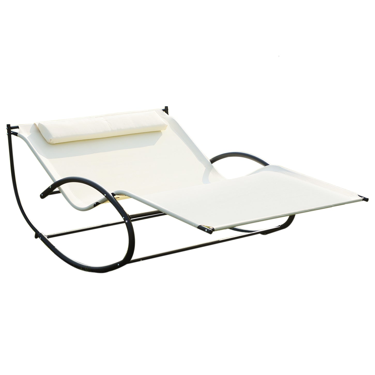 Outsunny Double Chaise Lounger Garden Rocker Sun Bed Outdoor Hammock Chair Texteline with Pillow Cream White