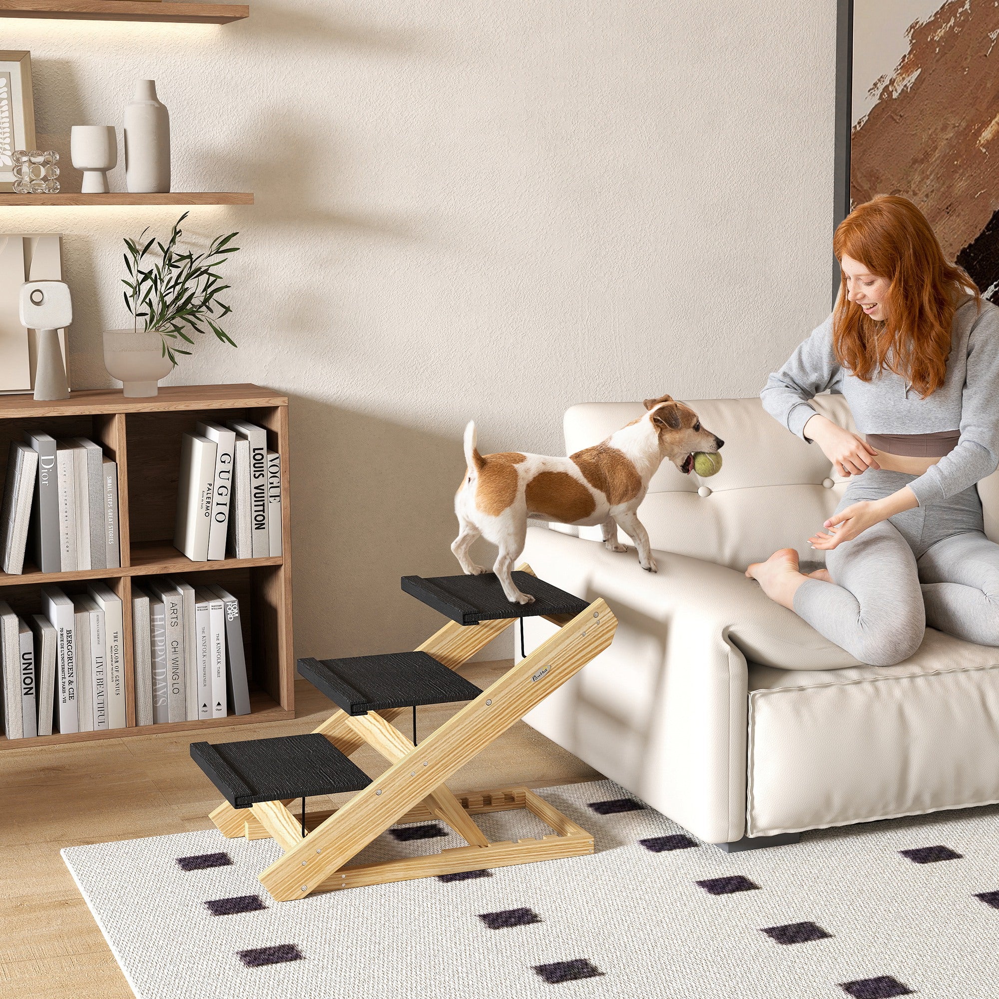 PawHut Dog Steps Dog Ramp, 3-Step Adjustable Height Pet Stairs for Medium Sized Dogs, Foldable Dog Stairs for Bed Sofa, with Non-slip Surface