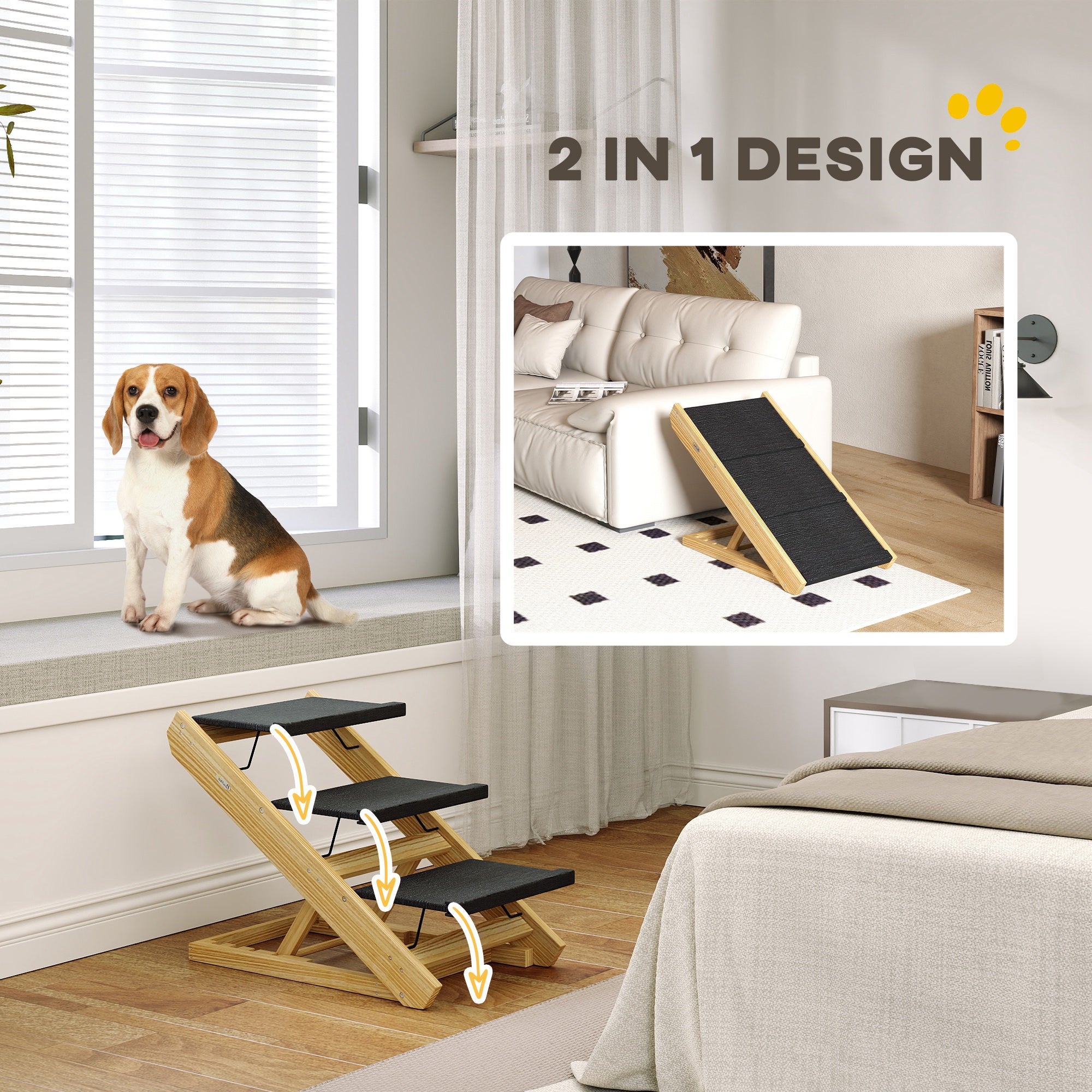 PawHut Dog Steps Dog Ramp, 3-Step Adjustable Height Pet Stairs for Medium Sized Dogs, Foldable Dog Stairs for Bed Sofa, with Non-slip Surface