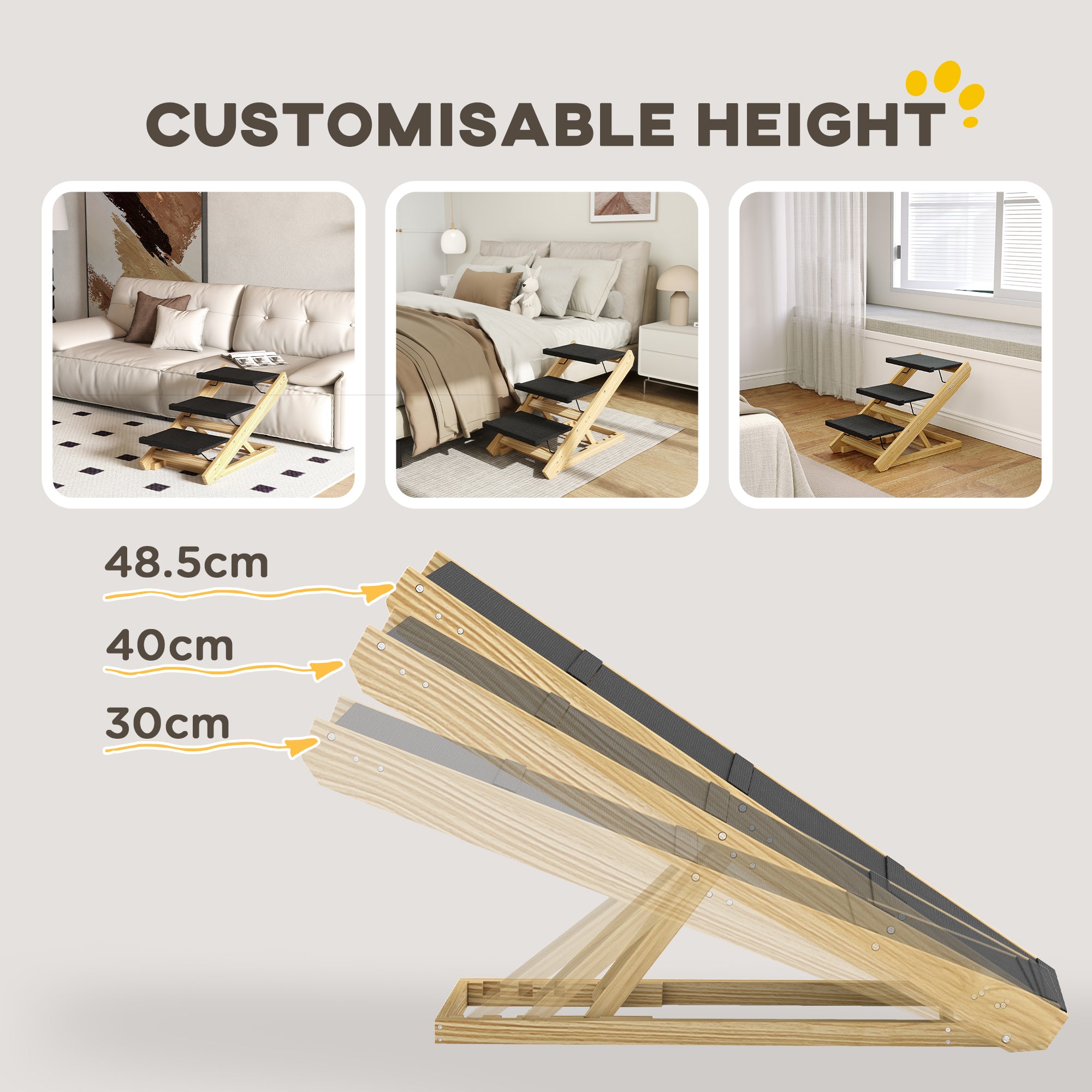 PawHut Dog Steps Dog Ramp, 3-Step Adjustable Height Pet Stairs for Medium Sized Dogs, Foldable Dog Stairs for Bed Sofa, with Non-slip Surface