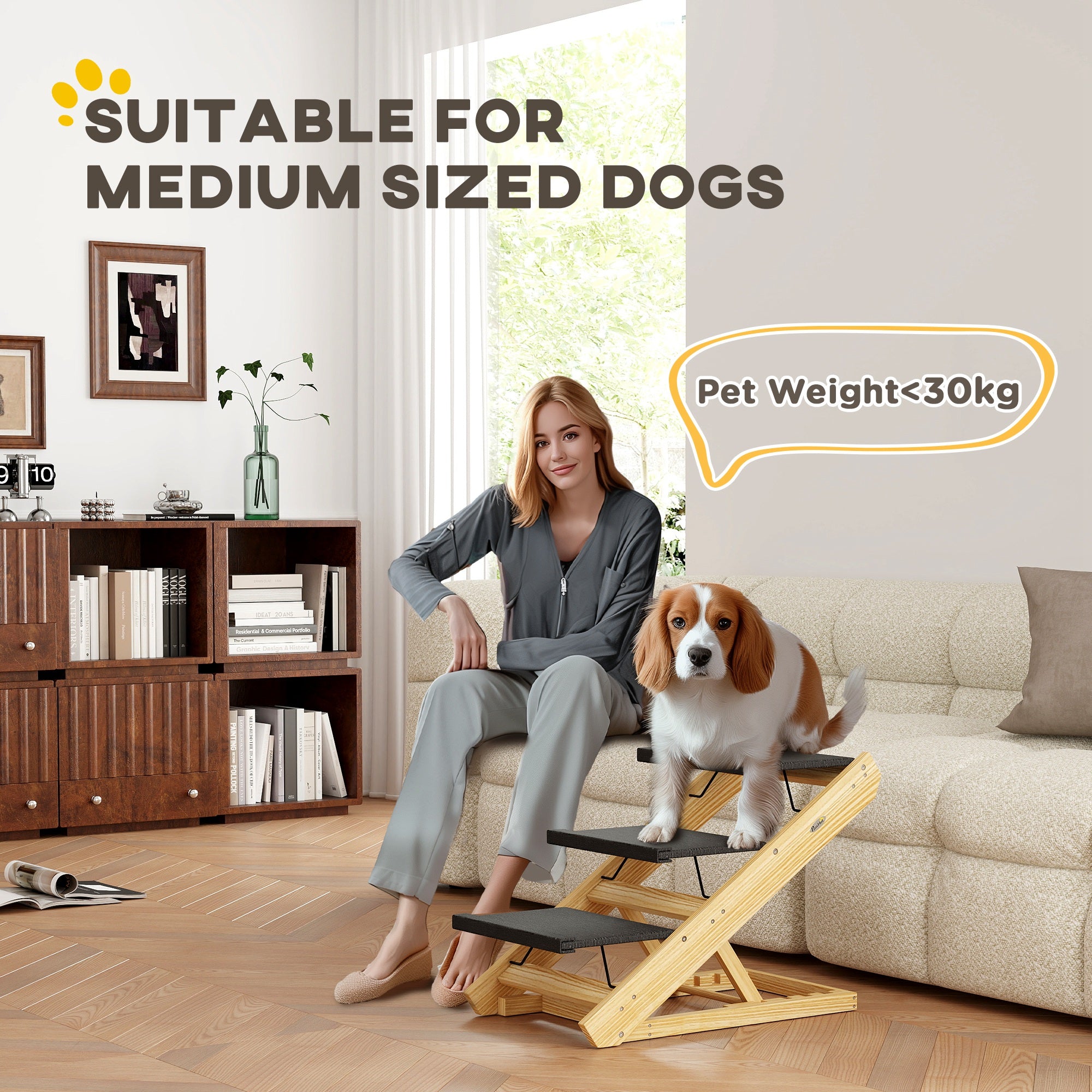 PawHut Dog Steps Dog Ramp, 3-Step Adjustable Height Pet Stairs for Medium Sized Dogs, Foldable Dog Stairs for Bed Sofa, with Non-slip Surface
