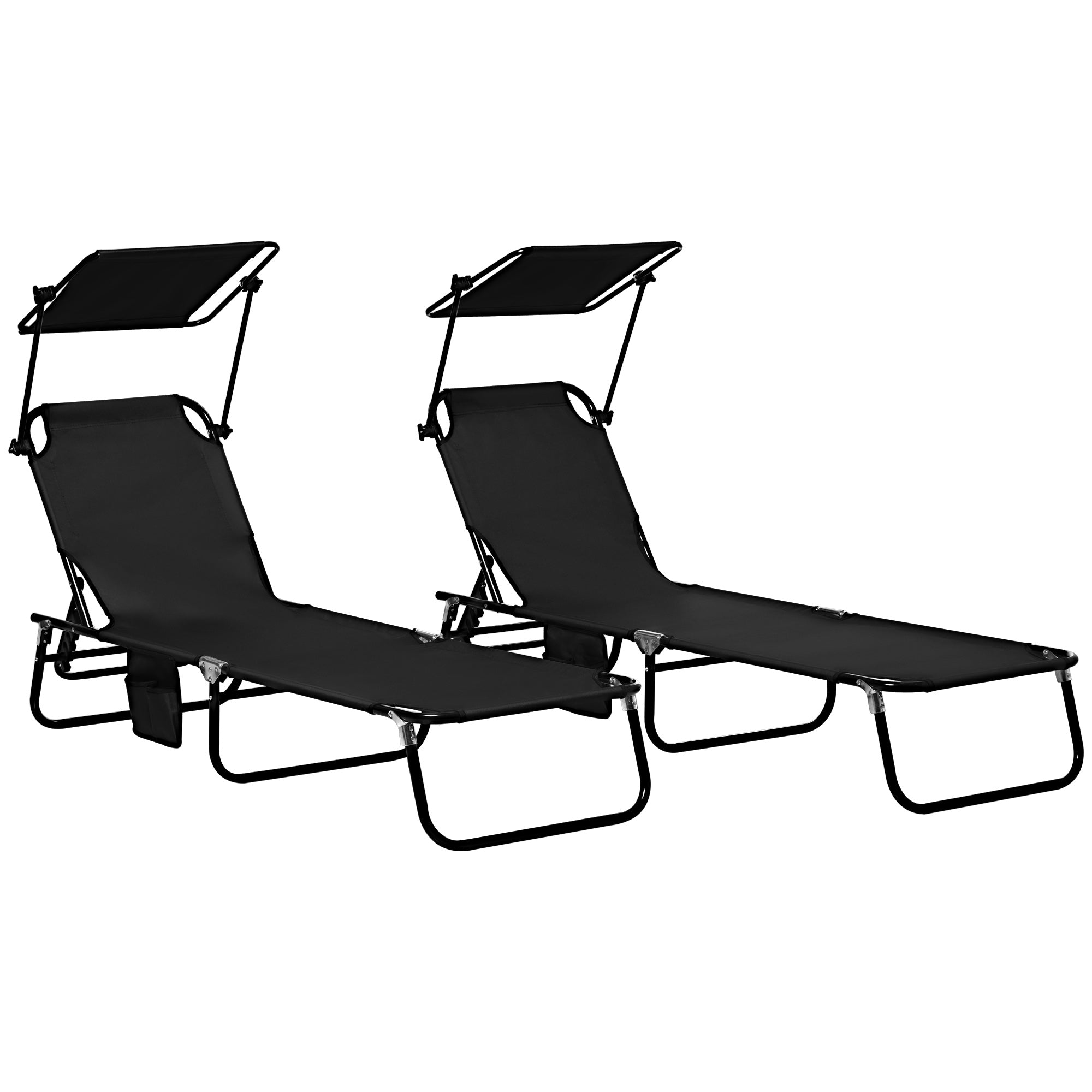 Outsunny Set of 2 Folding Outdoor Chaise Lounge Chairs, Pool, Sun, Tanning Chairs with 5-Level Reclining Backrest, Sunshade, Steel Frame for Beach, Yard, Patio, Black