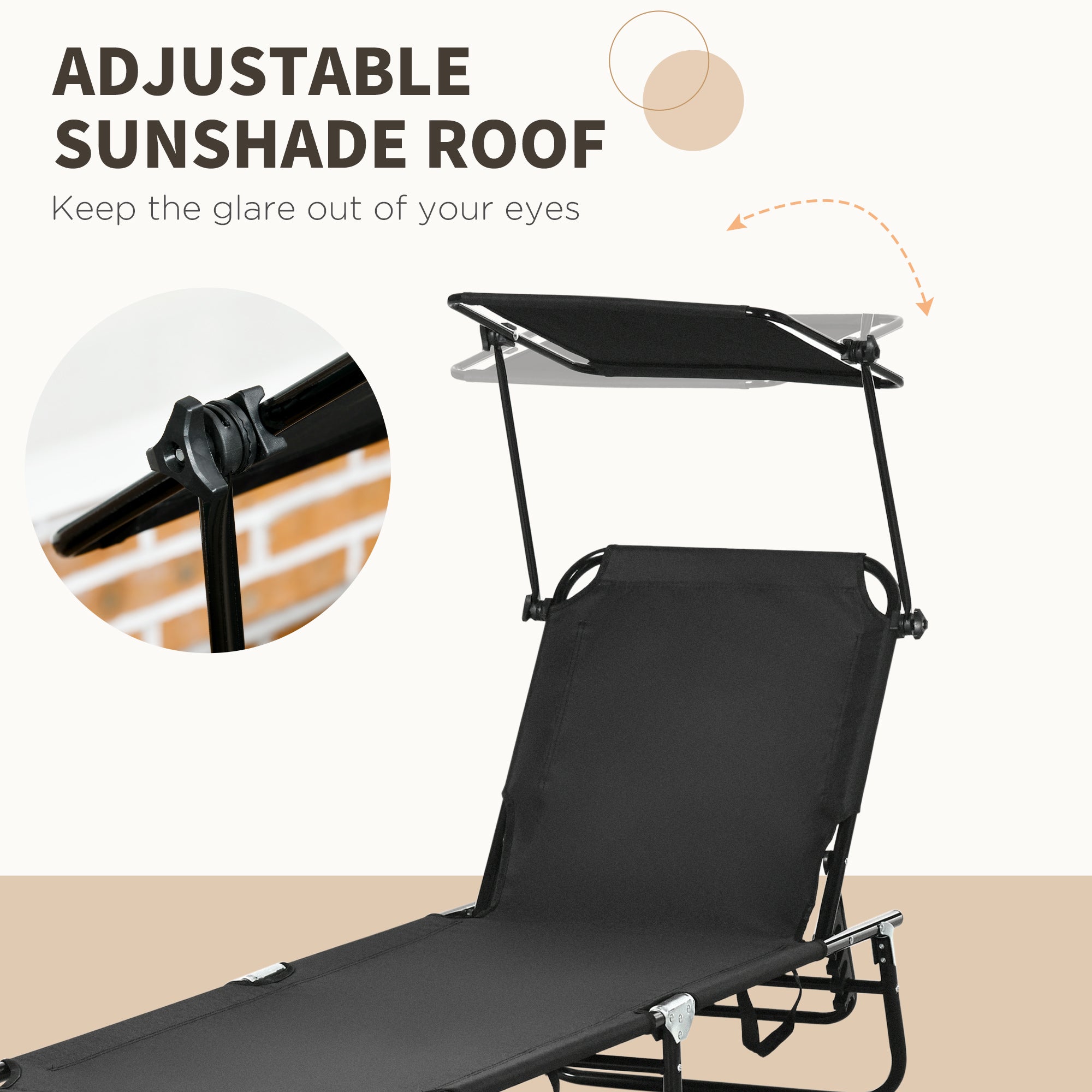 Outsunny Set of 2 Folding Outdoor Chaise Lounge Chairs, Pool, Sun, Tanning Chairs with 5-Level Reclining Backrest, Sunshade, Steel Frame for Beach, Yard, Patio, Black