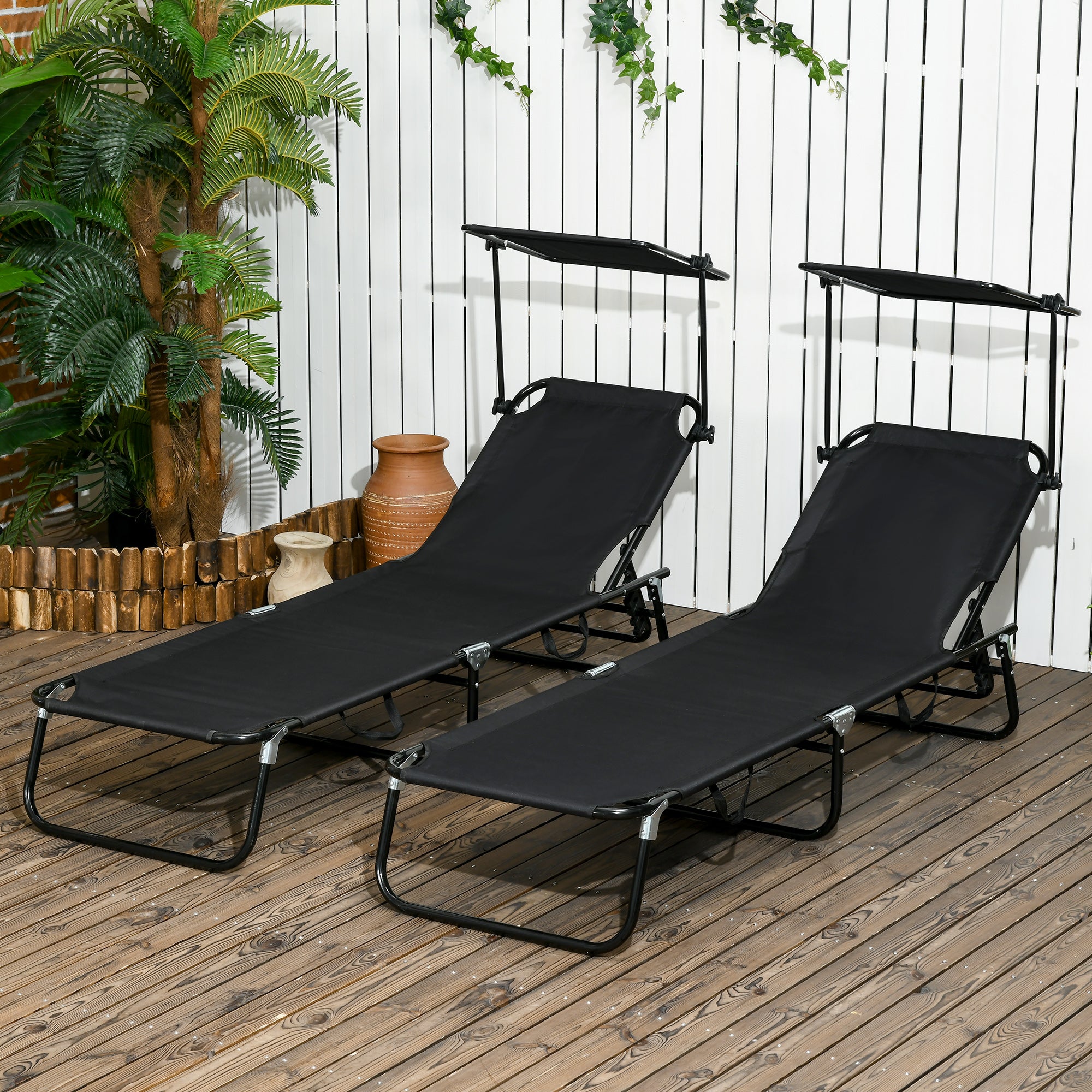 Outsunny Set of 2 Folding Outdoor Chaise Lounge Chairs, Pool, Sun, Tanning Chairs with 5-Level Reclining Backrest, Sunshade, Steel Frame for Beach, Yard, Patio, Black