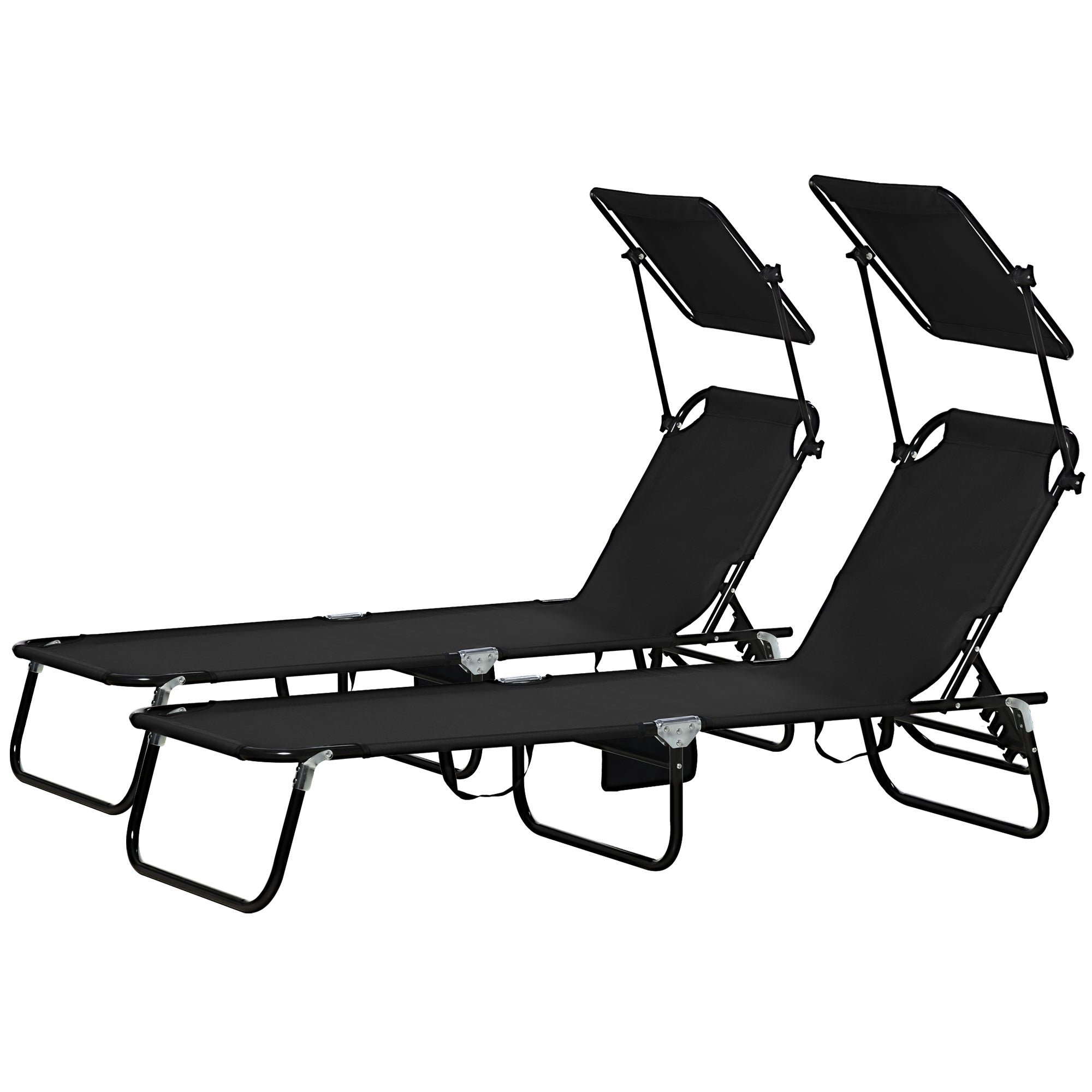 Outsunny Set of 2 Folding Outdoor Chaise Lounge Chairs, Pool, Sun, Tanning Chairs with 5-Level Reclining Backrest, Sunshade, Steel Frame for Beach, Yard, Patio, Black