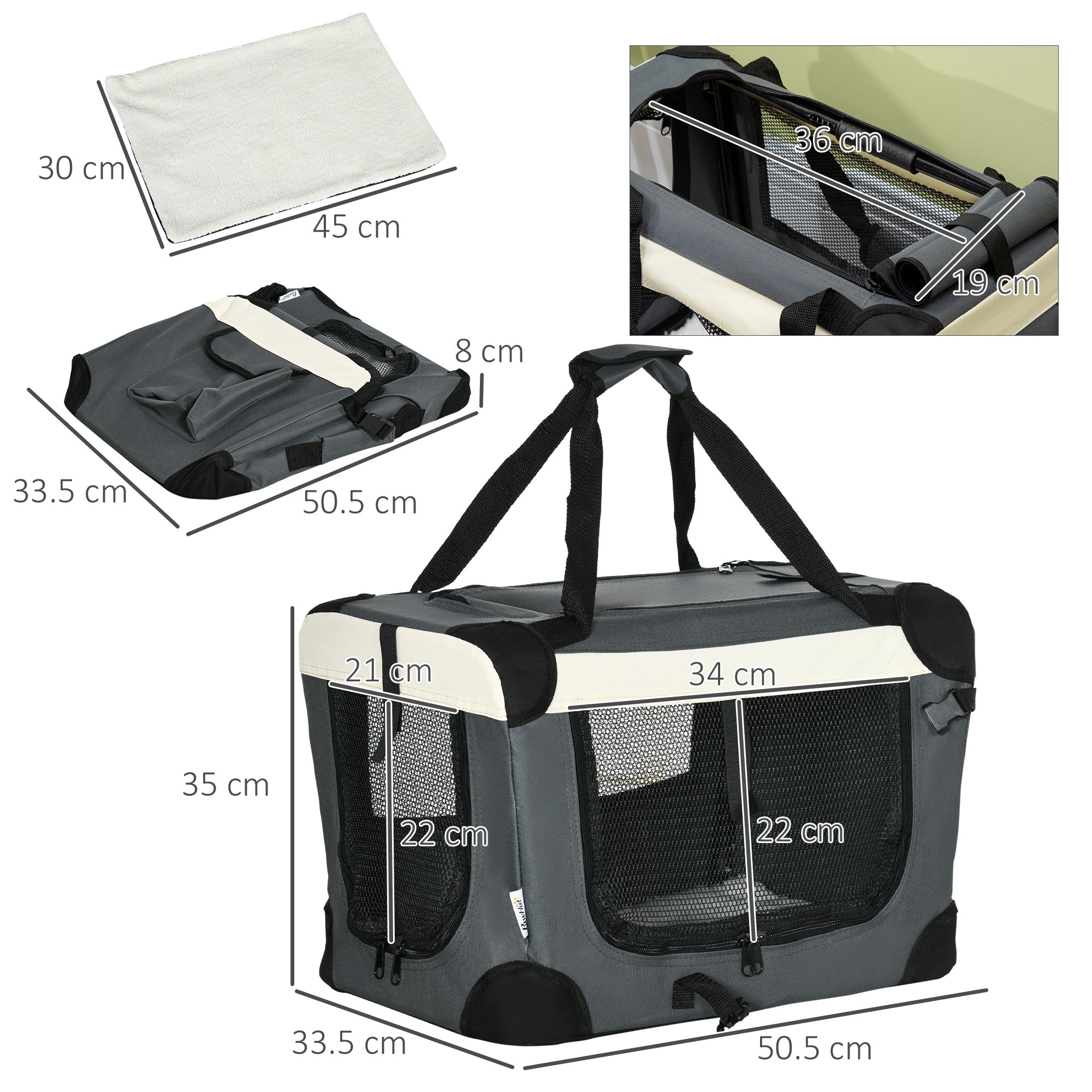 PawHut 51cm Foldable Pet Carrier for Miniature Dogs, Portable Cat Carrier Soft Side Pet Travel Crate with Removable Mat, Breathable Mesh - Grey