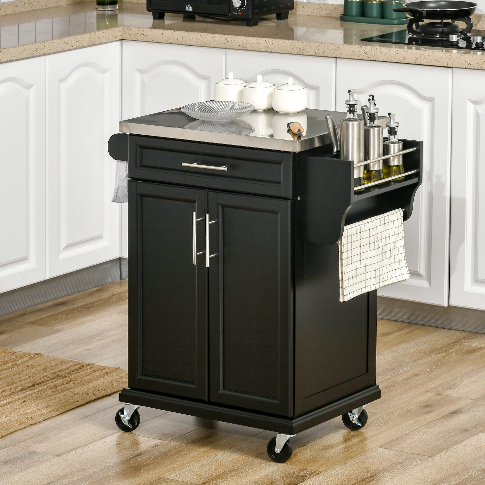 HOMCOM Kitchen Island with Stainless Steel Top, Rolling Kitchen Cart on Wheels with Storage Drawer, Cabinet, Towel Rack and Spice Rack (Black)