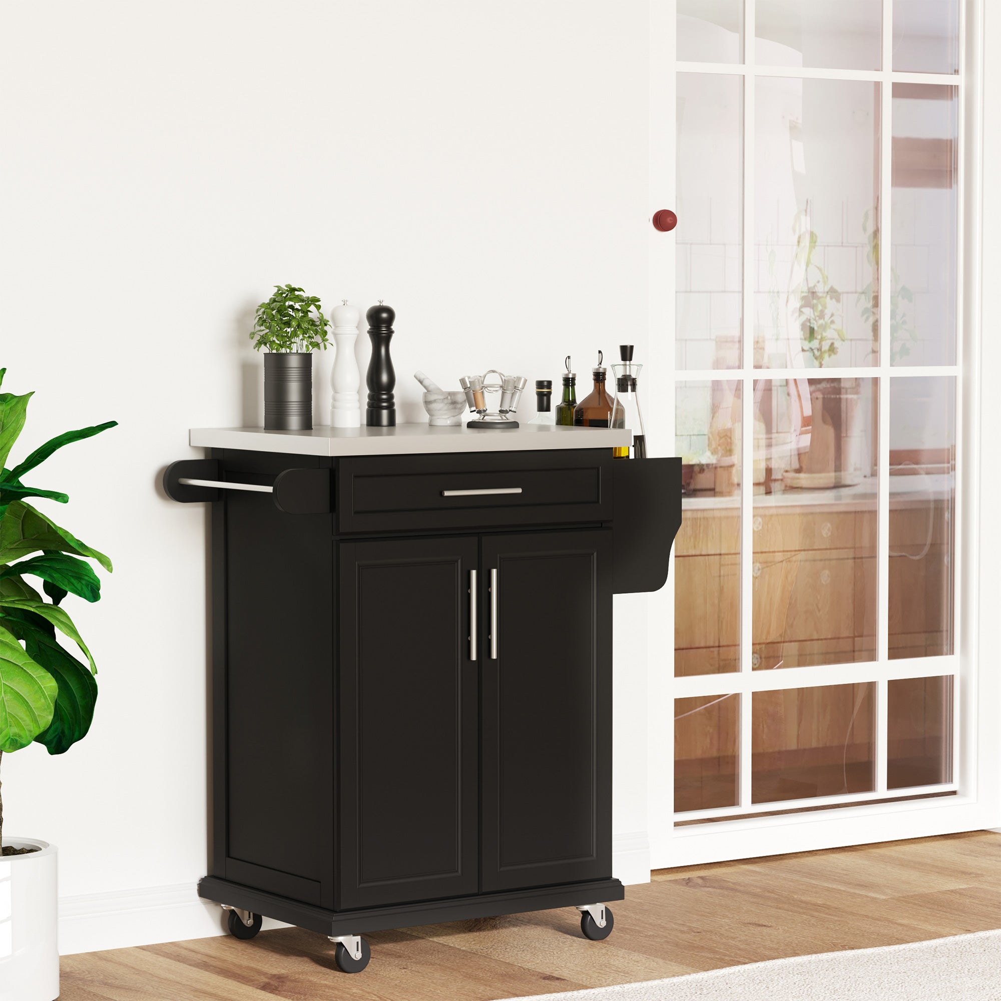 HOMCOM Kitchen Island with Stainless Steel Top, Rolling Kitchen Cart on Wheels with Storage Drawer, Cabinet, Towel Rack and Spice Rack (Black)