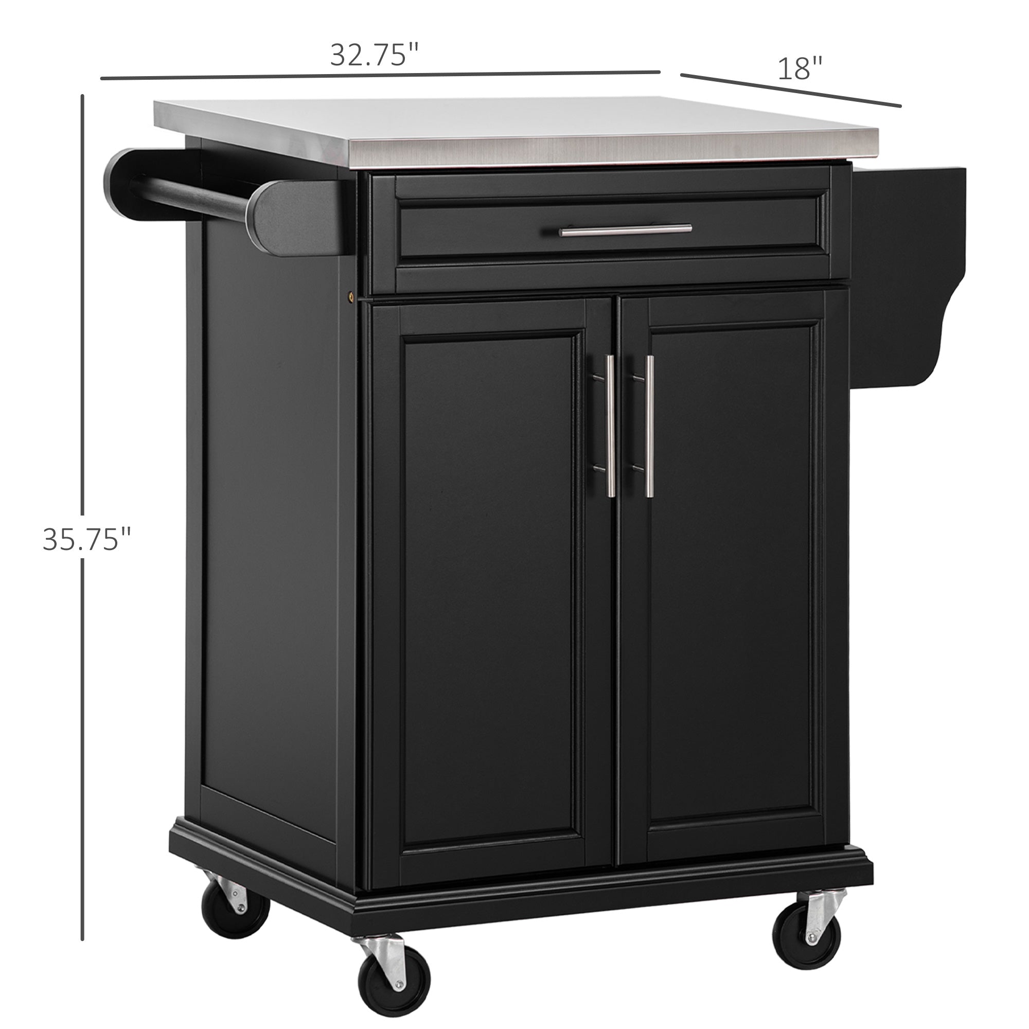HOMCOM Kitchen Island with Stainless Steel Top, Rolling Kitchen Cart on Wheels with Storage Drawer, Cabinet, Towel Rack and Spice Rack (Black)