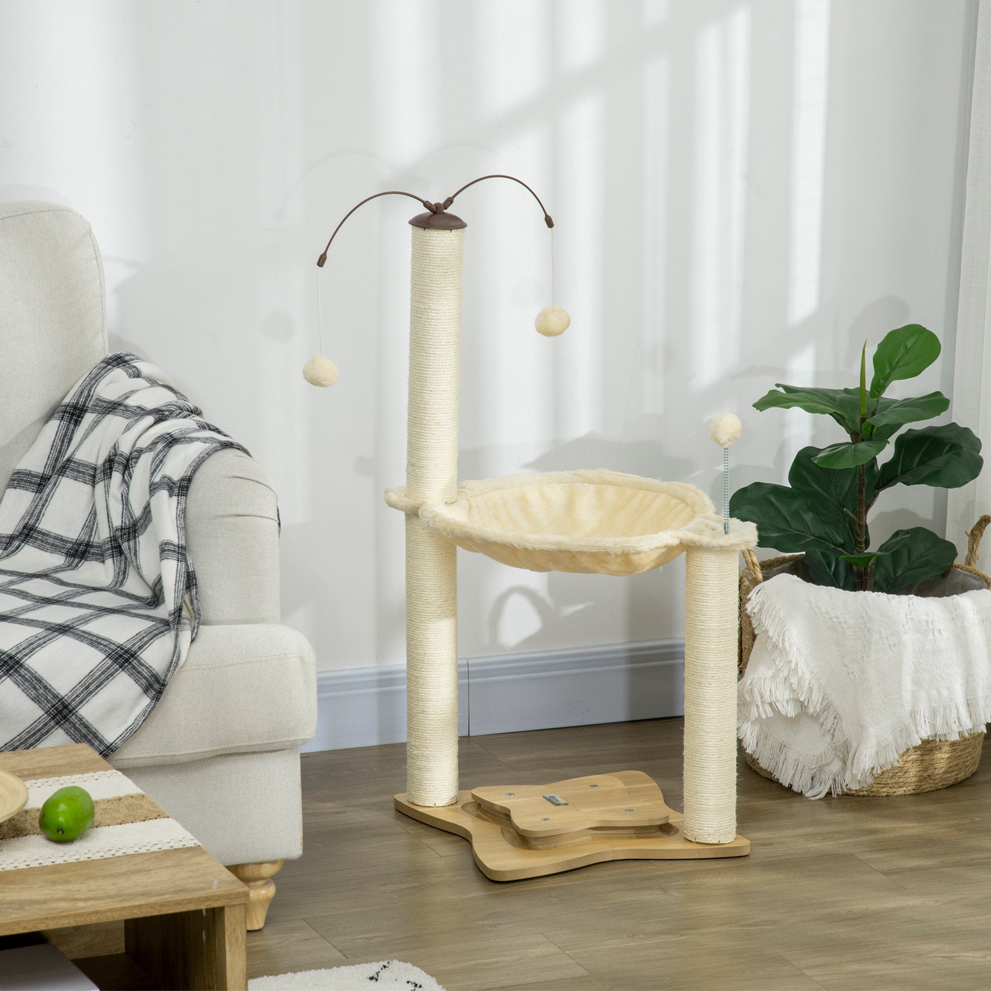 PawHut Cat Tree for Indoor Cats, Cat Scratching Post with Bed, Toy Ball, 53.5 x 53.5 x 90cm - Beige