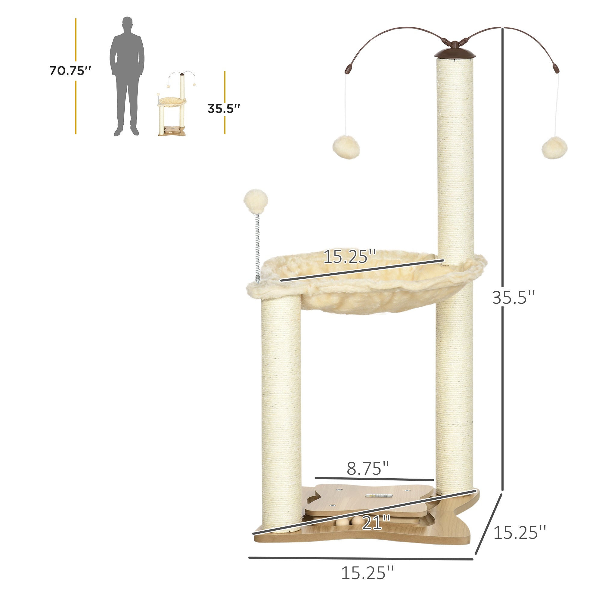 PawHut Small Cat Tree Hammock with Scratching Posts, Elevated Cat Bed with Ball Toys, Cat Hammock Stand for Indoor Cats