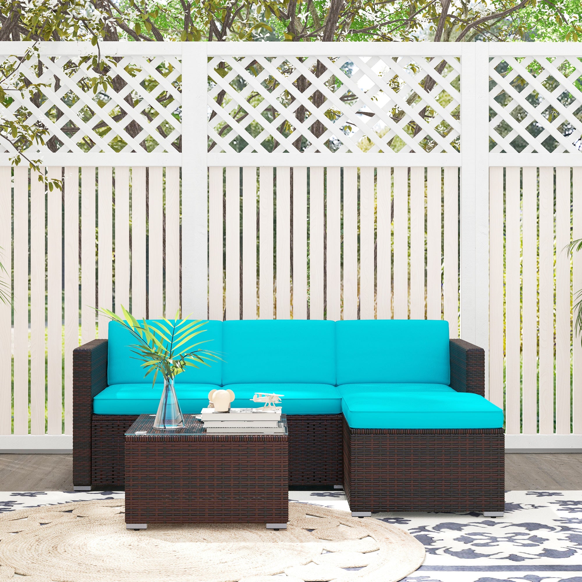 Outsunny 3 Pieces Patio Furniture Set with Cushions, Outdoor PE Rattan Wicker Conversation Corner Sofa Set with Glass Top Table and Adjustable Foot for Garden, Lawn, Turquoise