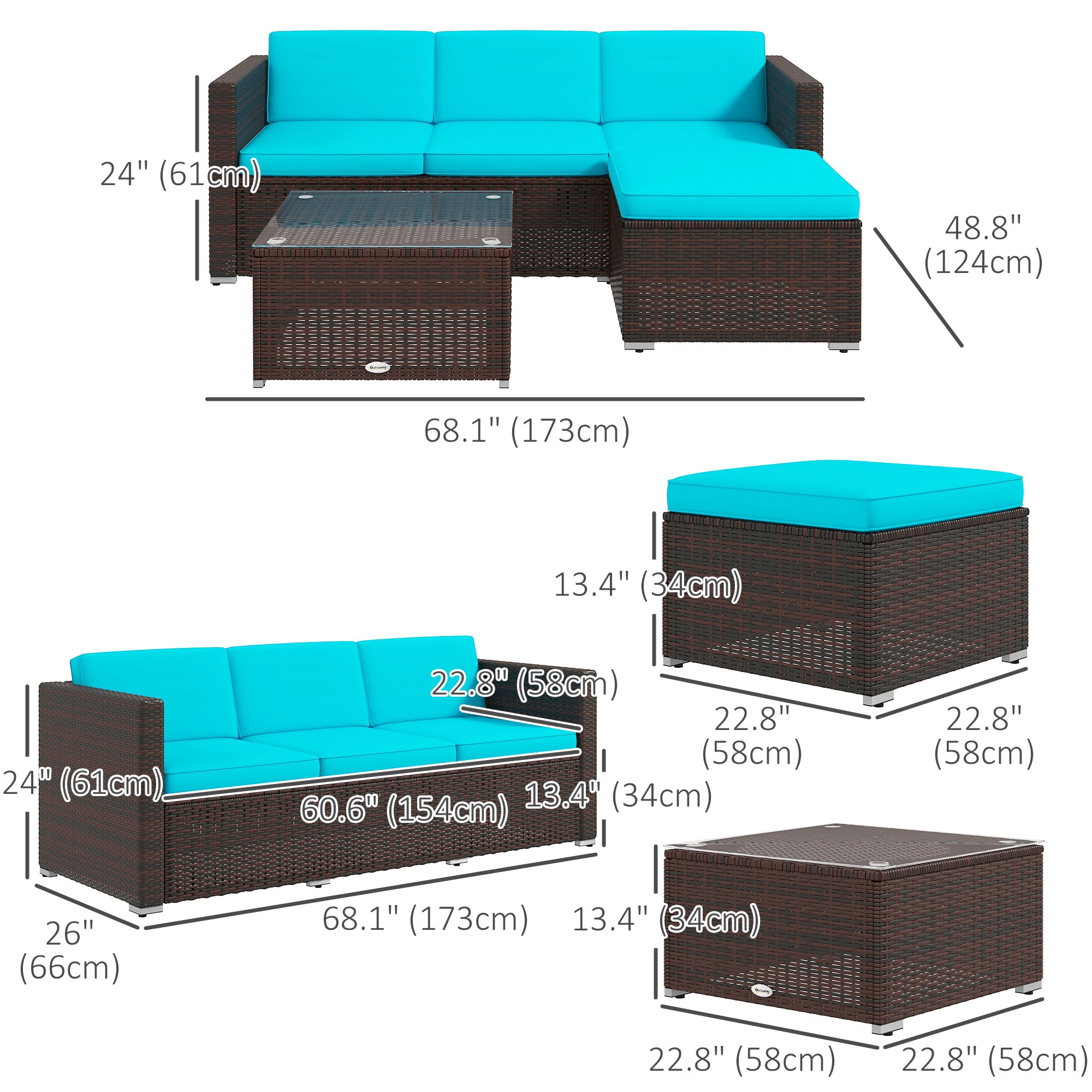 Outsunny 3 Pieces Patio Furniture Set with Cushions, Outdoor PE Rattan Wicker Conversation Corner Sofa Set with Glass Top Table and Adjustable Foot for Garden, Lawn, Turquoise