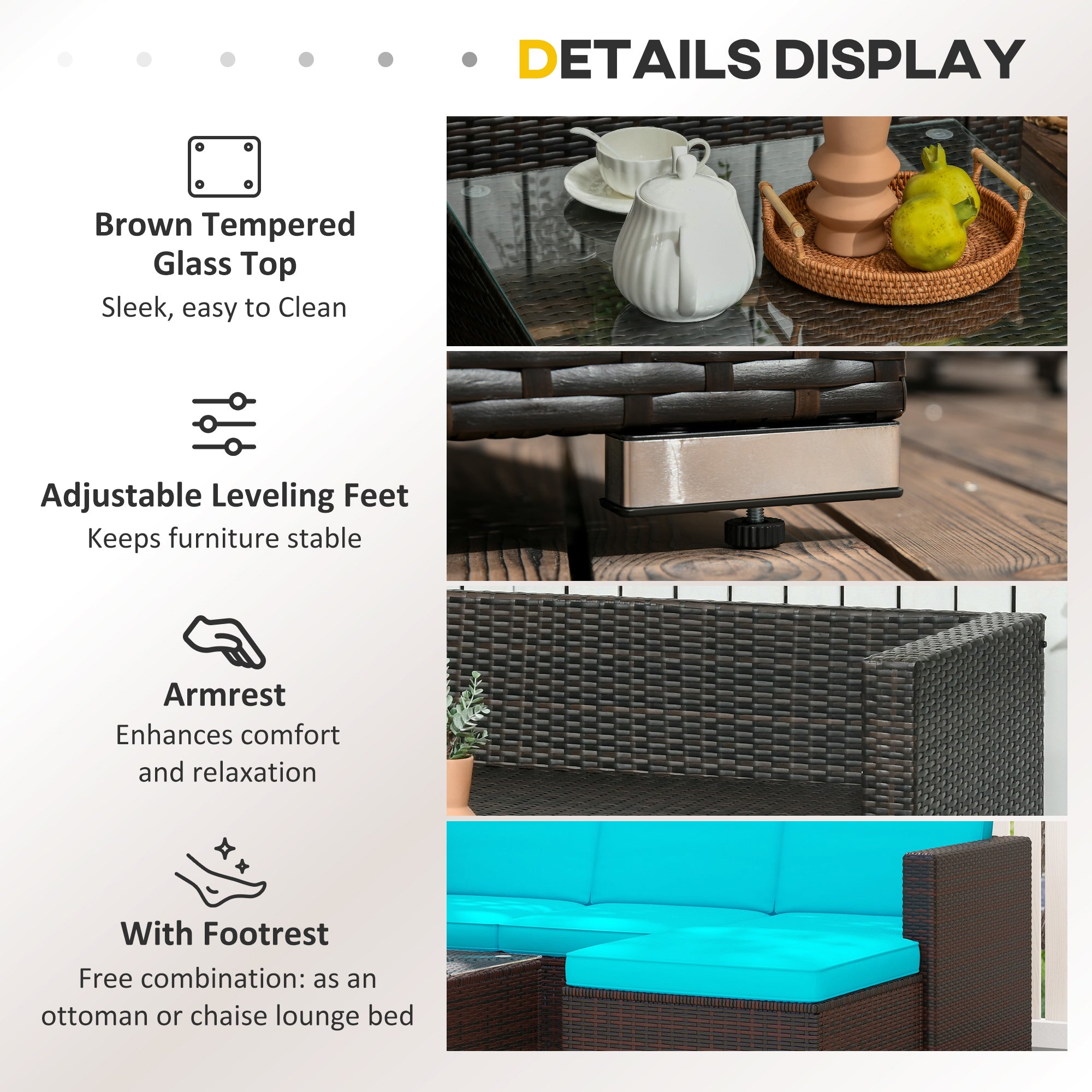 Outsunny 3 Pieces Patio Furniture Set with Cushions, Outdoor PE Rattan Wicker Conversation Corner Sofa Set with Glass Top Table and Adjustable Foot for Garden, Lawn, Turquoise