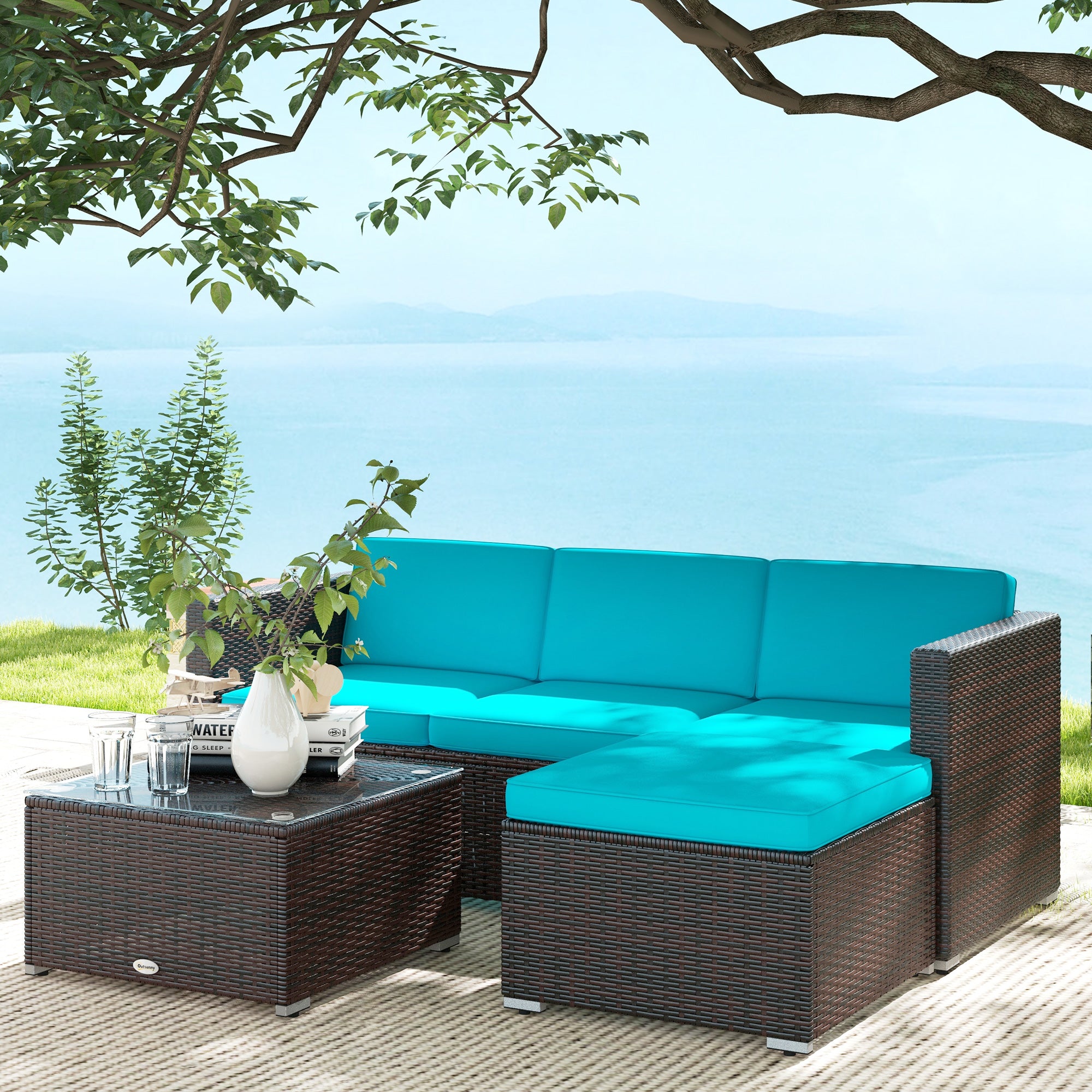 Outsunny 3 Pieces Patio Furniture Set with Cushions, Outdoor PE Rattan Wicker Conversation Corner Sofa Set with Glass Top Table and Adjustable Foot for Garden, Lawn, Turquoise
