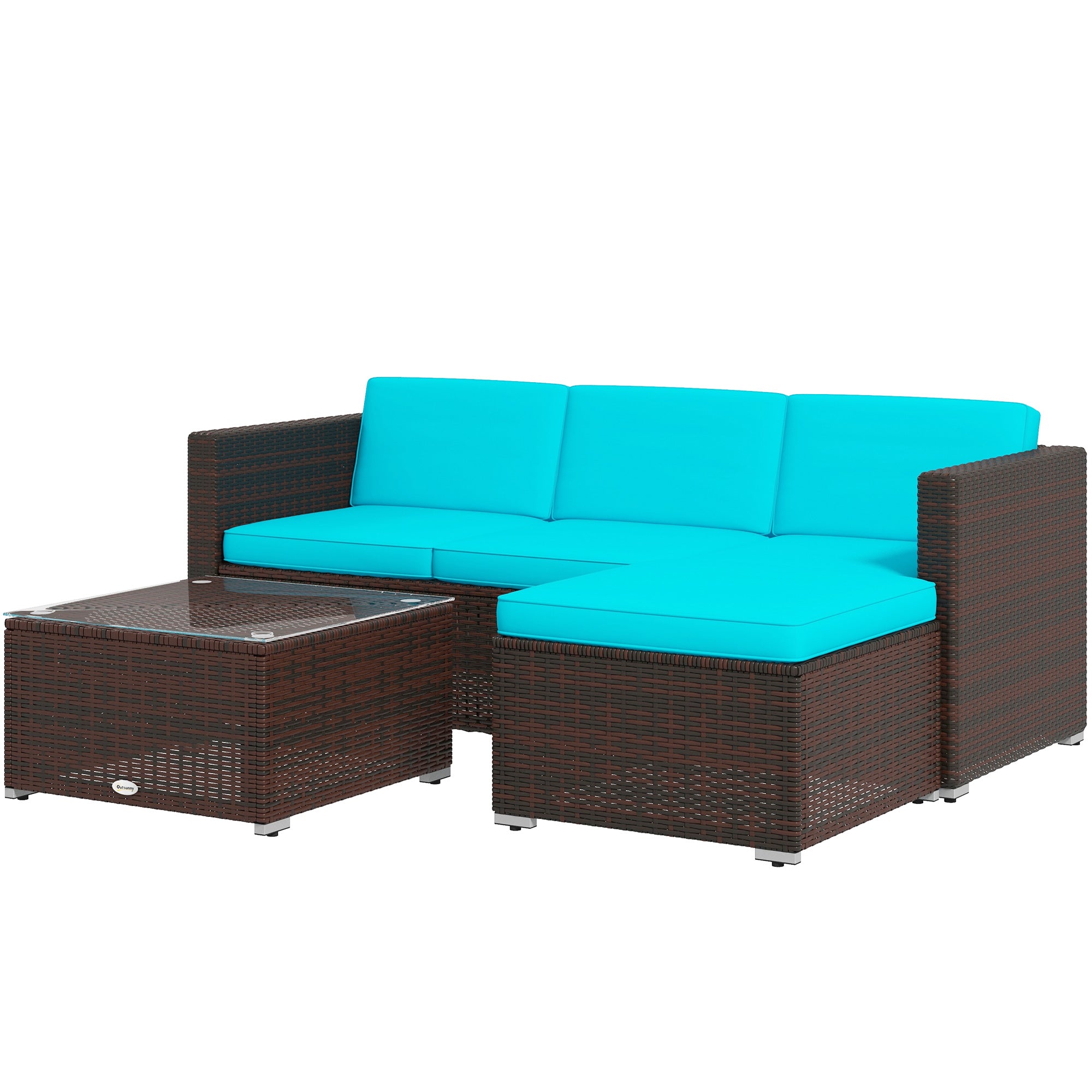 Outsunny 3 Pieces Patio Furniture Set with Cushions, Outdoor PE Rattan Wicker Conversation Corner Sofa Set with Glass Top Table and Adjustable Foot for Garden, Lawn, Turquoise
