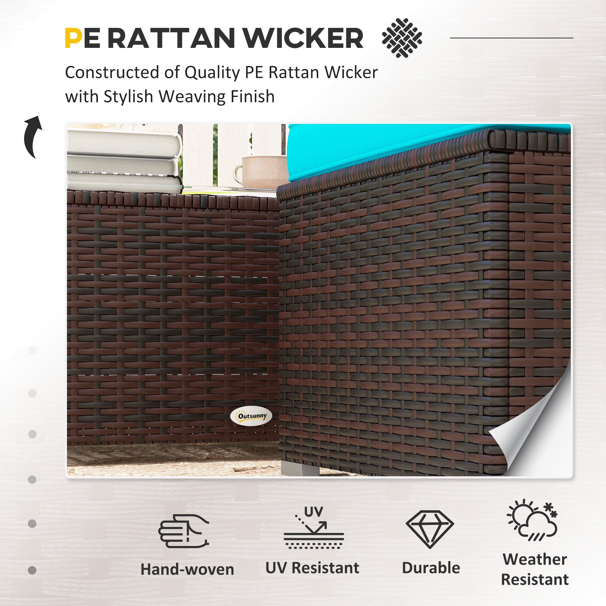 Outsunny 3 Pieces Patio Furniture Set with Cushions, Outdoor PE Rattan Wicker Conversation Corner Sofa Set with Glass Top Table and Adjustable Foot for Garden, Lawn, Turquoise