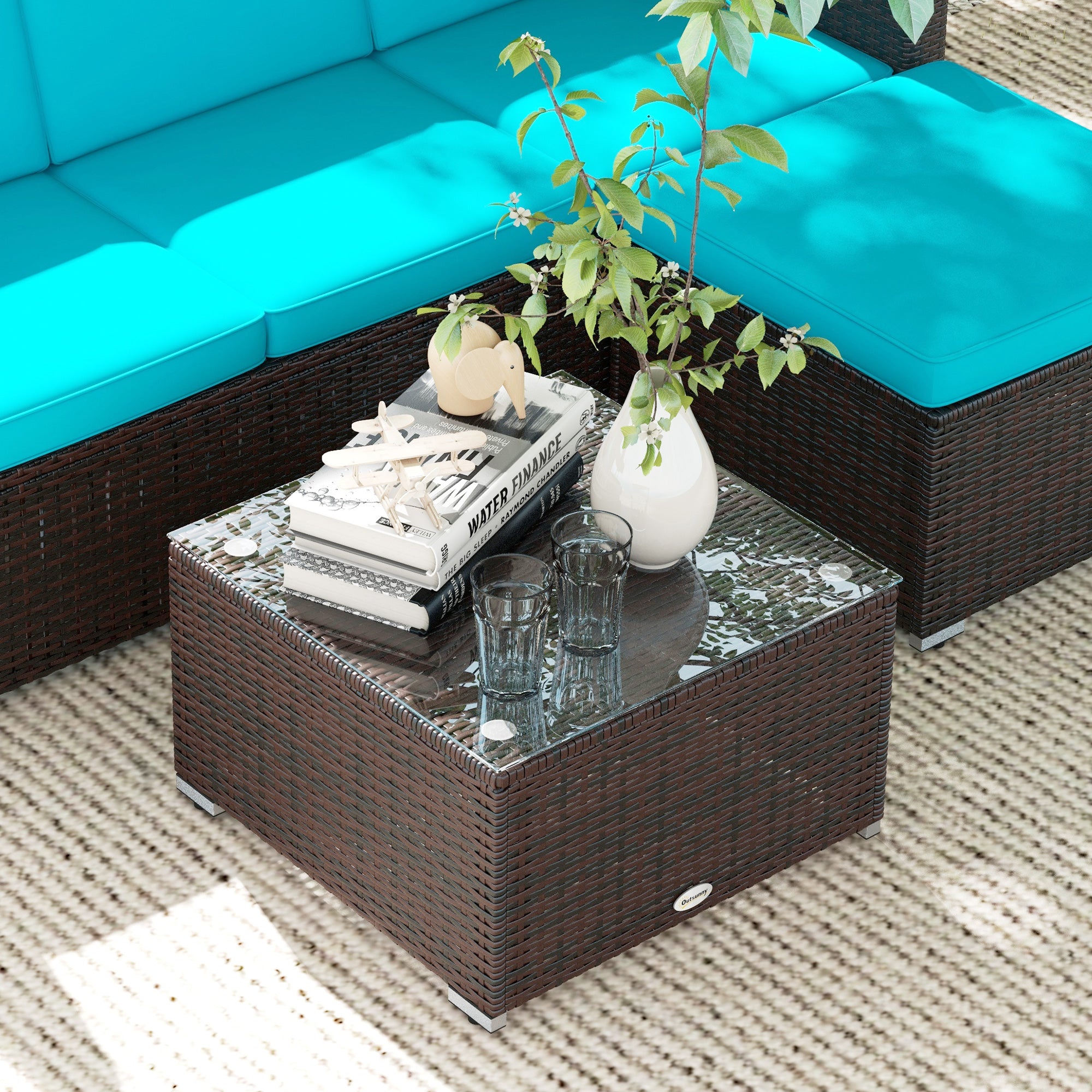 Outsunny 3 Pieces Patio Furniture Set with Cushions, Outdoor PE Rattan Wicker Conversation Corner Sofa Set with Glass Top Table and Adjustable Foot for Garden, Lawn, Turquoise