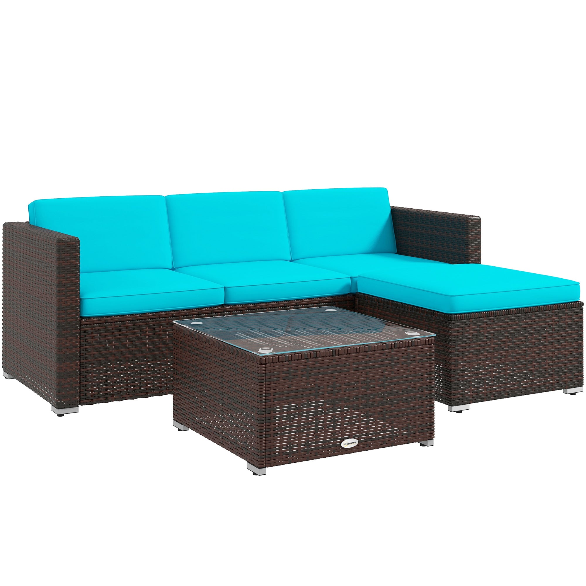 Outsunny 3 Pieces Patio Furniture Set with Cushions, Outdoor PE Rattan Wicker Conversation Corner Sofa Set with Glass Top Table and Adjustable Foot for Garden, Lawn, Turquoise