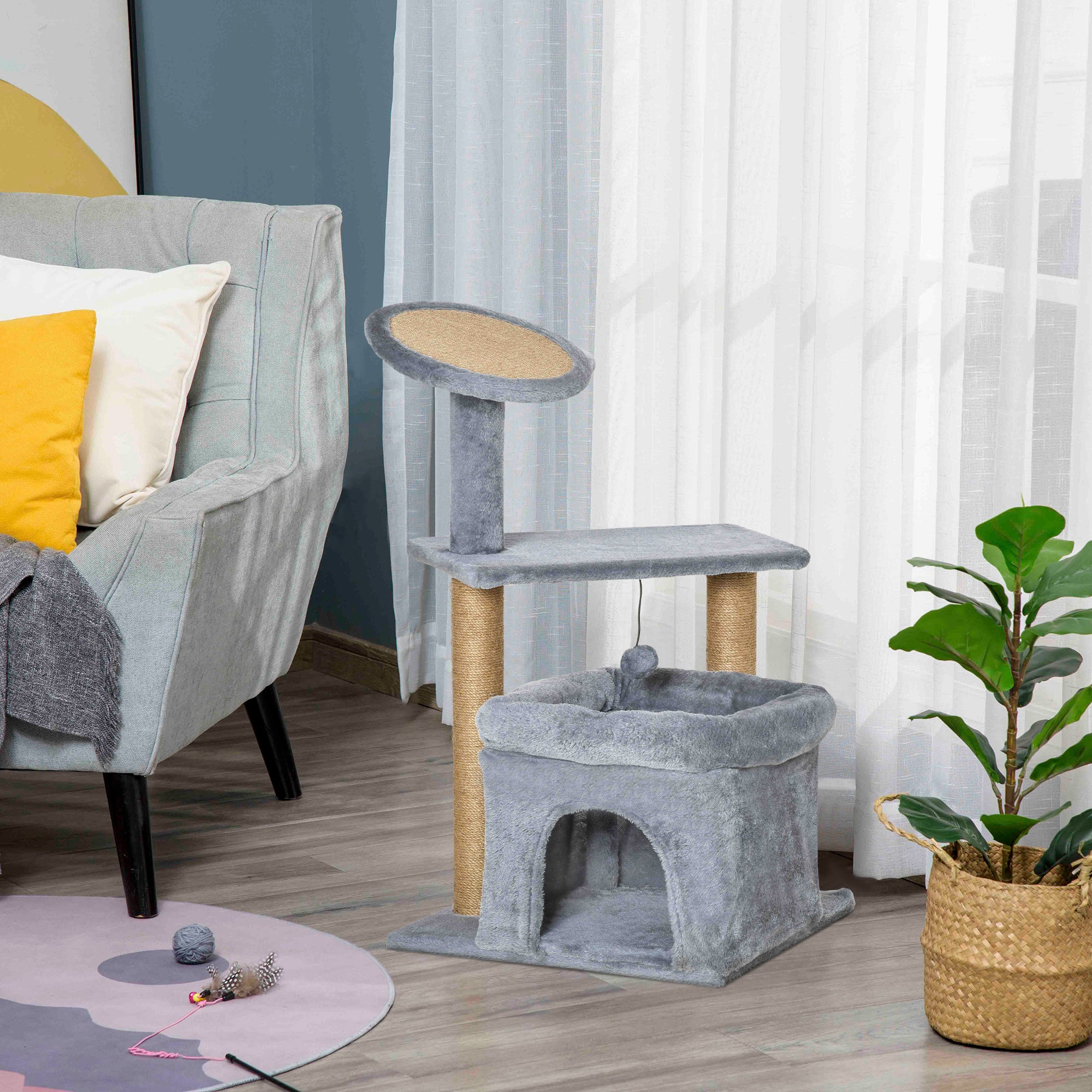 PawHut Cat Tree Tower for Indoor Cats, Cat Scratching Post with Bed, Cat House, Scratching Pad, Perch, Interactive Ball Toy 48 x 48 x 84cm, Grey