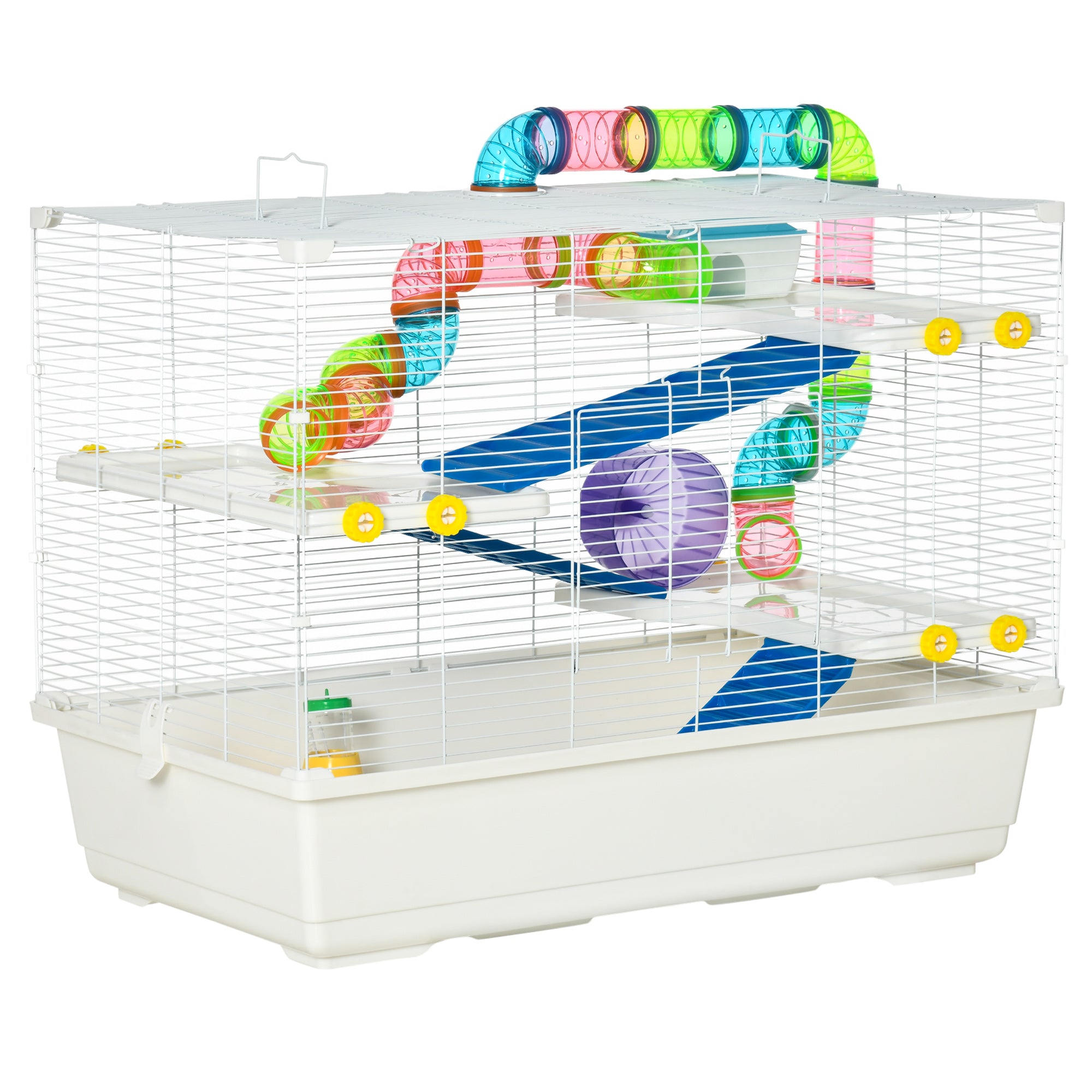 PawHut 31" Large Hamster Cage, Small Animal House, Multi-storey Gerbil Haven, Tunnel Tube System, with Water Bottle, Exercise Wheel, Food Dish, Ramps, White