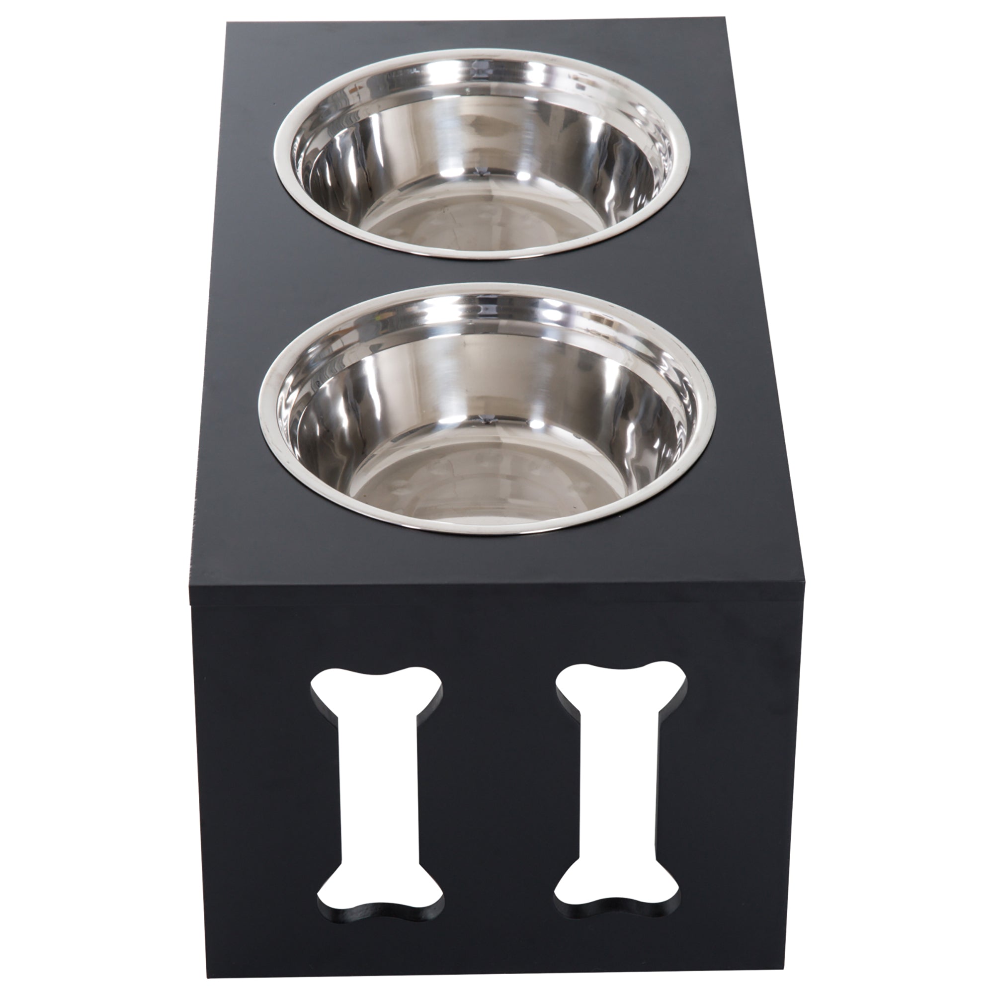 PawHut 23" Modern Decorative Dog Bone Wooden Heavy Duty Pet Food Bowl Elevated Feeding Station - Black