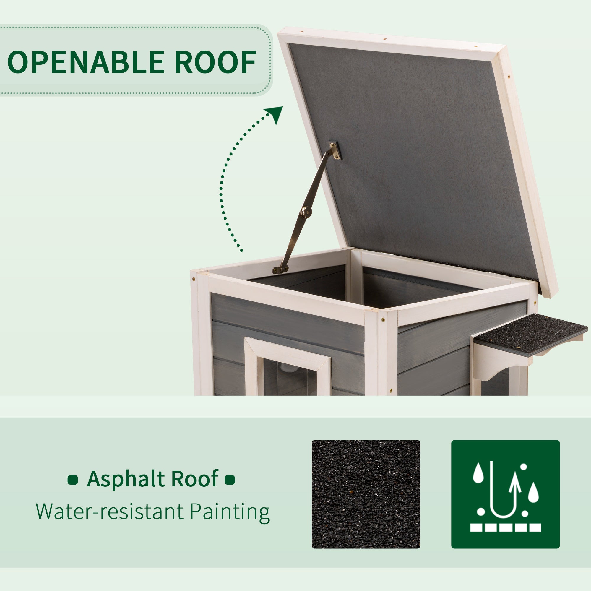 PawHut Outdoor Cat House 2-Floor Wooden Feral Cat Shelter with Universal Wheels, Escape Door and Openable Asphalt Roof, Gray