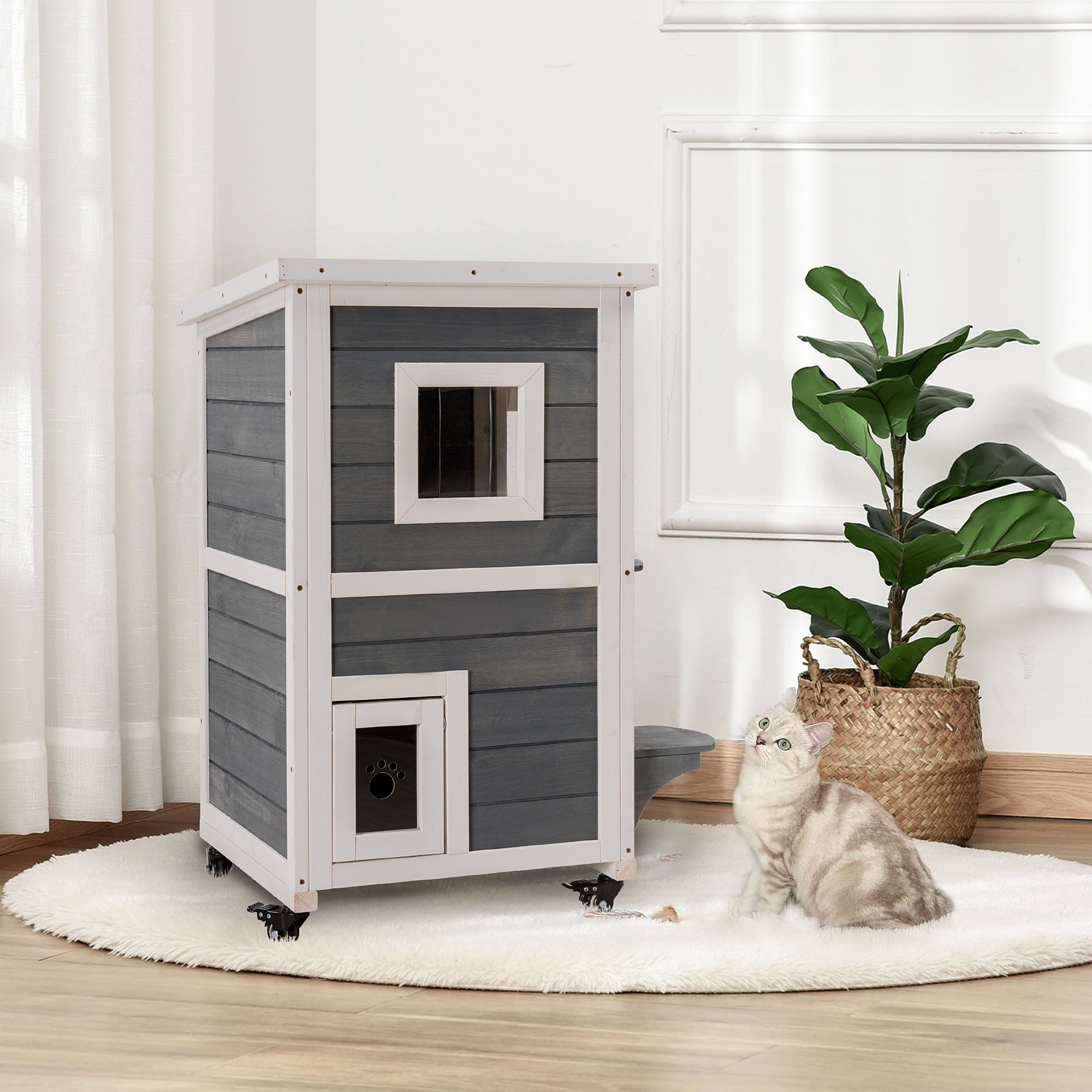 PawHut Outdoor Cat House 2-Floor Wooden Feral Cat Shelter with Universal Wheels, Escape Door and Openable Asphalt Roof, Gray