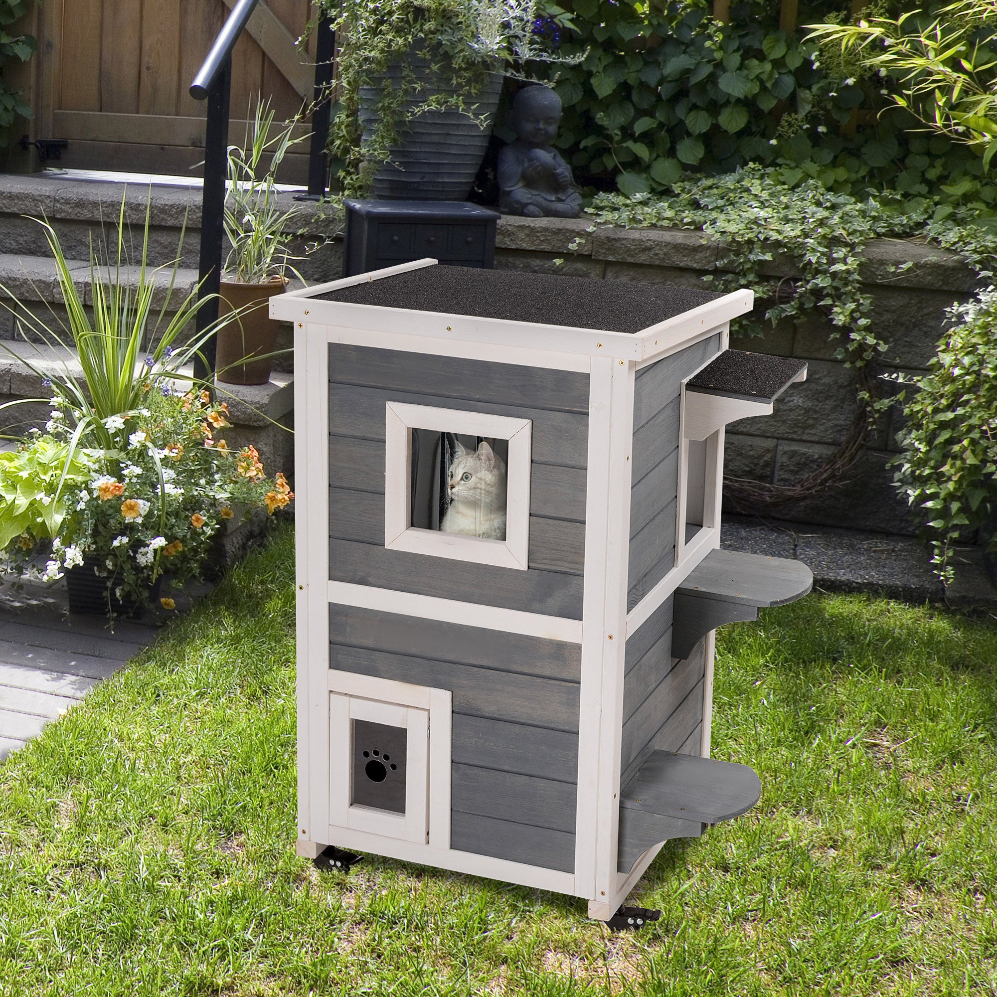 PawHut Outdoor Cat House 2-Floor Wooden Feral Cat Shelter with Universal Wheels, Escape Door and Openable Asphalt Roof, Gray