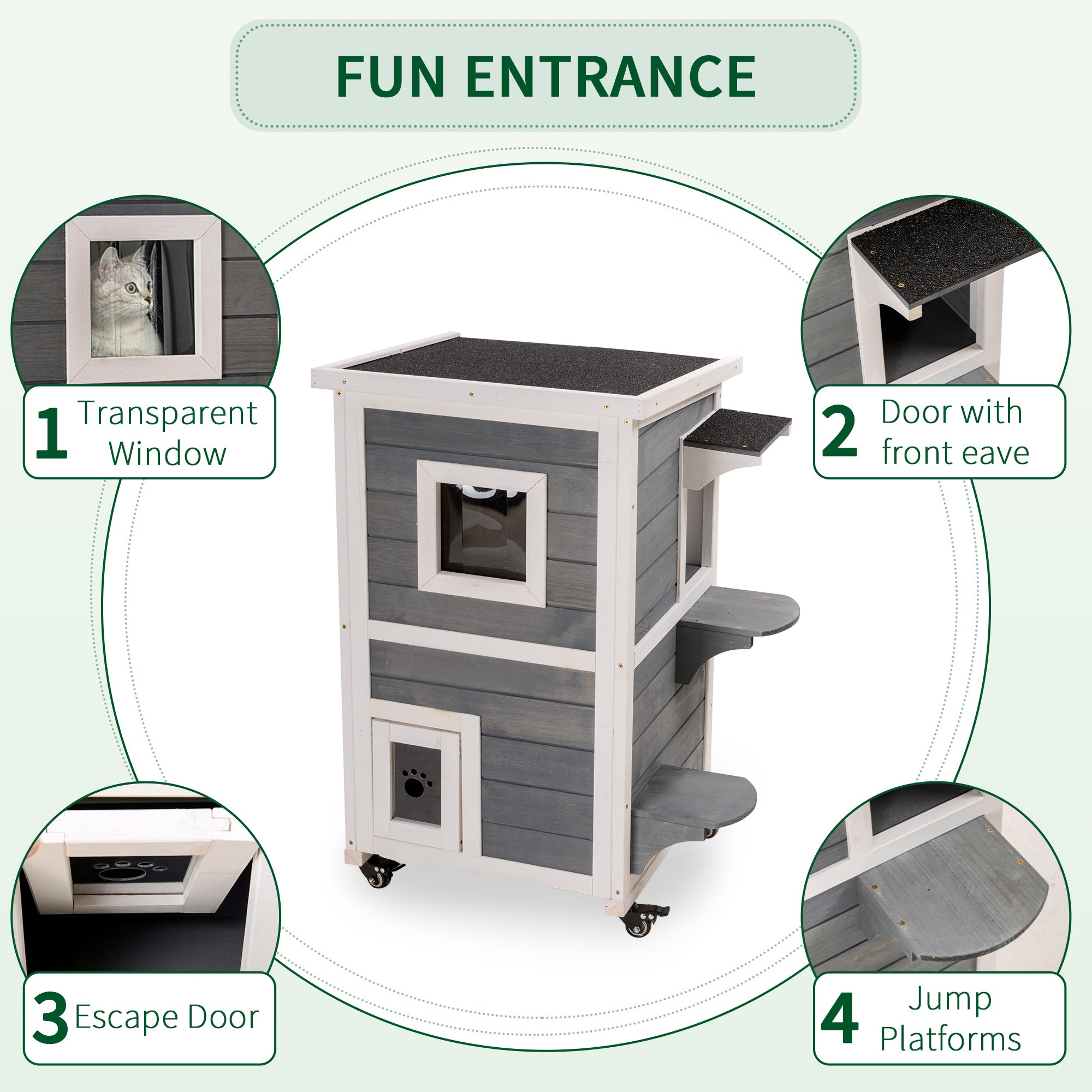 PawHut Outdoor Cat House 2-Floor Wooden Feral Cat Shelter with Universal Wheels, Escape Door and Openable Asphalt Roof, Gray