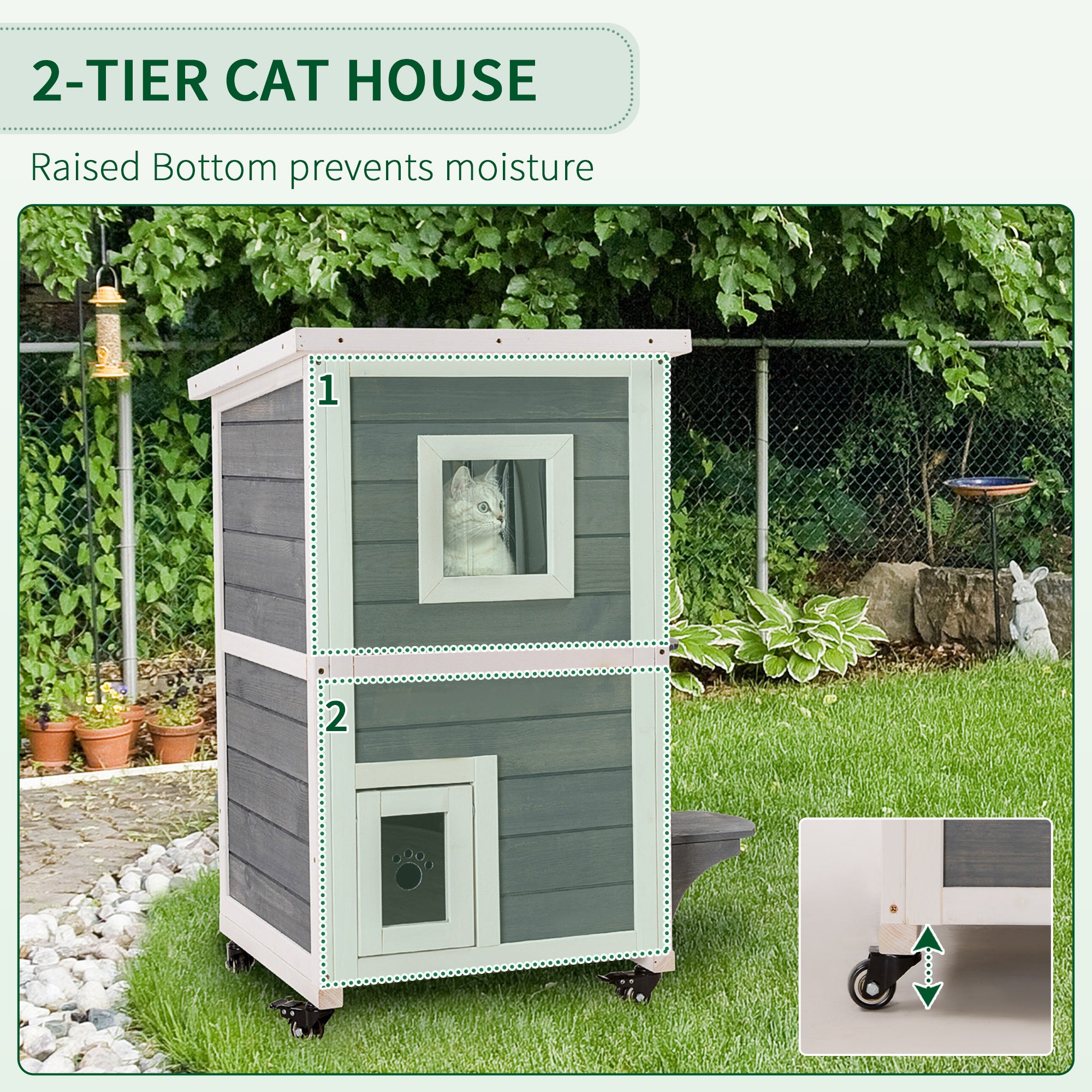 PawHut Outdoor Cat House 2-Floor Wooden Feral Cat Shelter with Universal Wheels, Escape Door and Openable Asphalt Roof, Gray