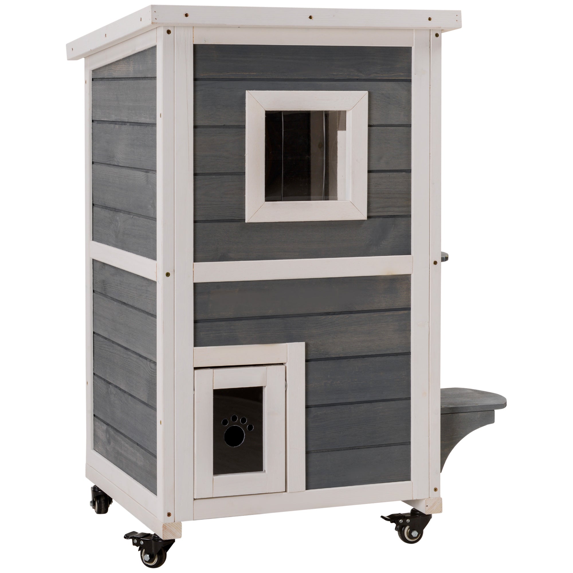 PawHut Outdoor Cat House 2-Floor Wooden Feral Cat Shelter with Universal Wheels, Escape Door and Openable Asphalt Roof, Gray