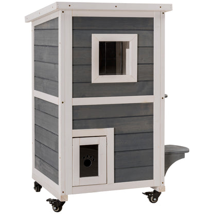 PawHut Outdoor Cat House 2-Floor Wooden Feral Cat Shelter with Universal Wheels, Escape Door and Openable Asphalt Roof, Gray