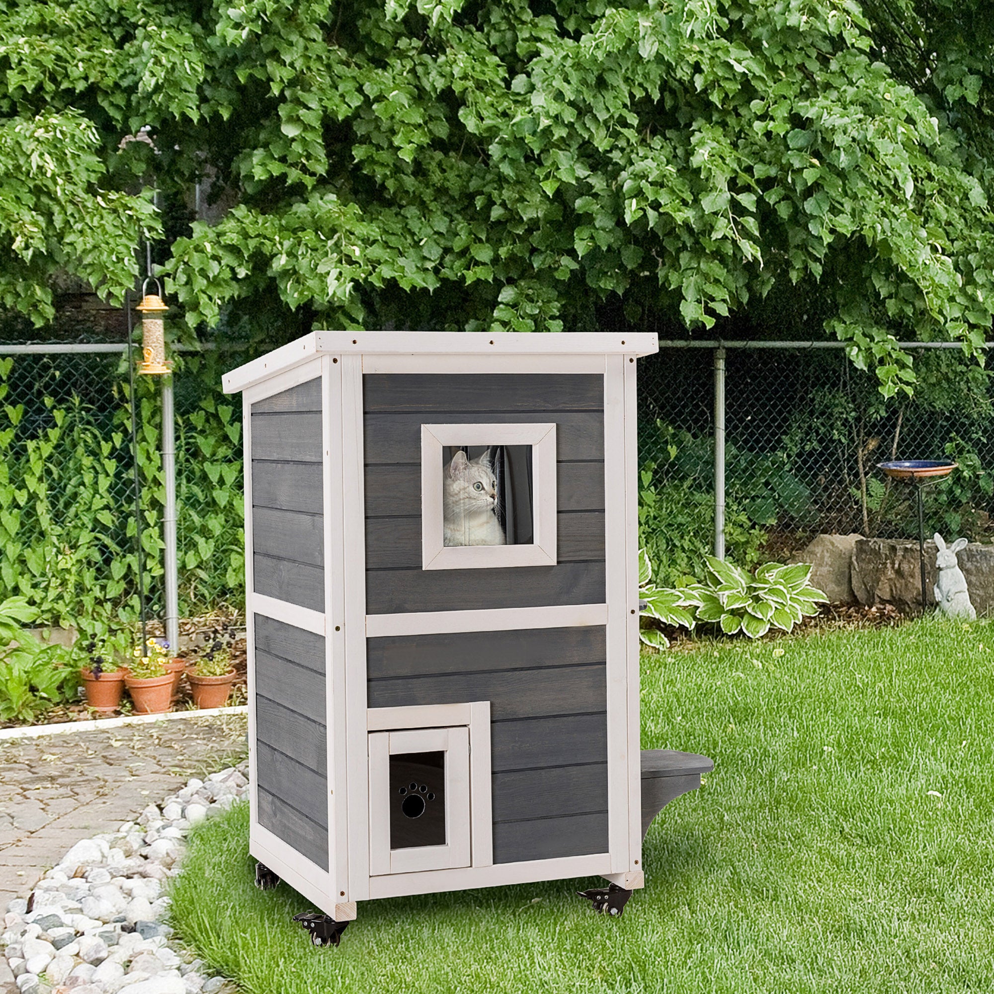PawHut Outdoor Cat House 2-Floor Wooden Feral Cat Shelter with Universal Wheels, Escape Door and Openable Asphalt Roof, Gray