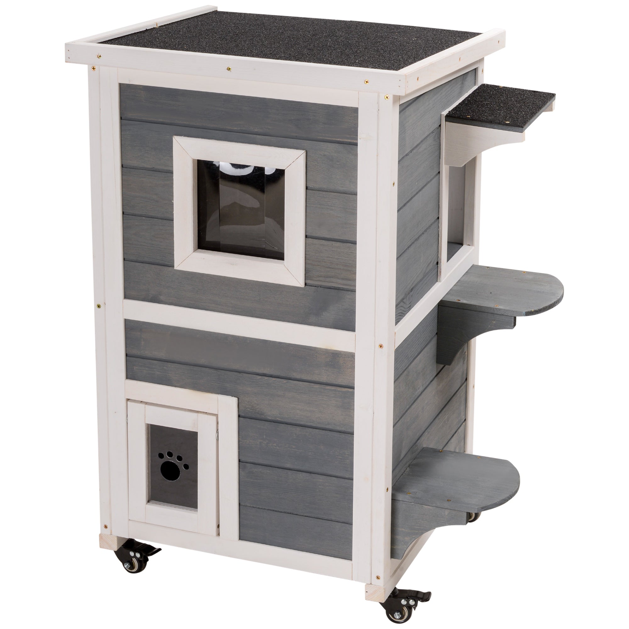 PawHut Outdoor Cat House 2-Floor Wooden Feral Cat Shelter with Universal Wheels, Escape Door and Openable Asphalt Roof, Gray