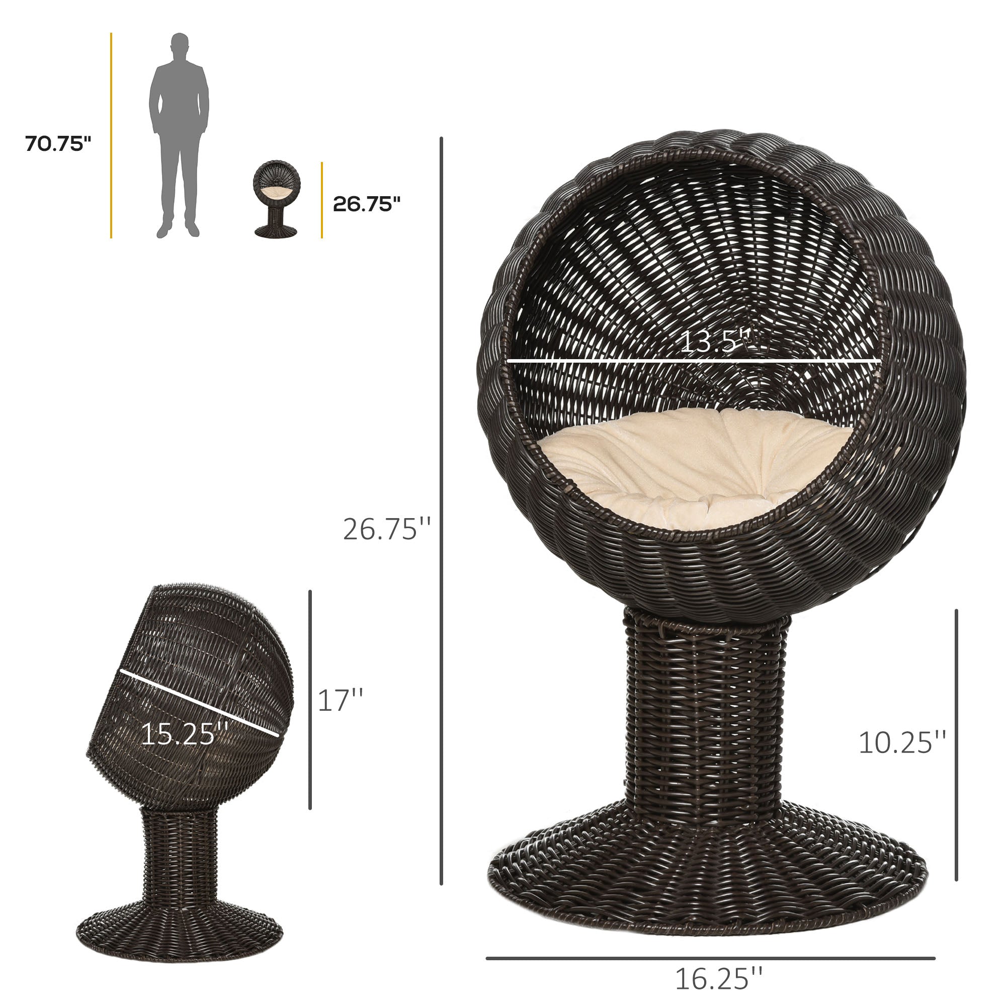 PawHut Elevated Cat Bed with Rotatable Egg Chair Pod, Cat Basket Bed with Thick Cushion, Natural Mat Grass Woven Kitty House, Coffee
