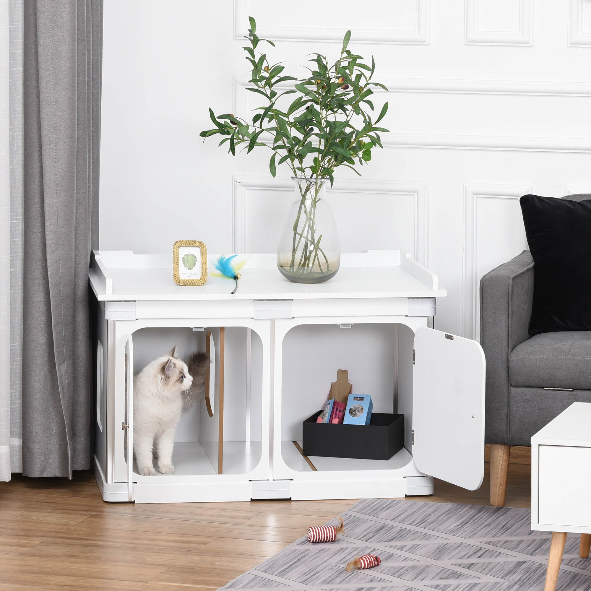 PawHut Wooden Cat Litter Box Enclosure Washroom Toilet Home Cabinet Kitty House Nightstand End Table Magnetic Door Adjustable Partition Board White