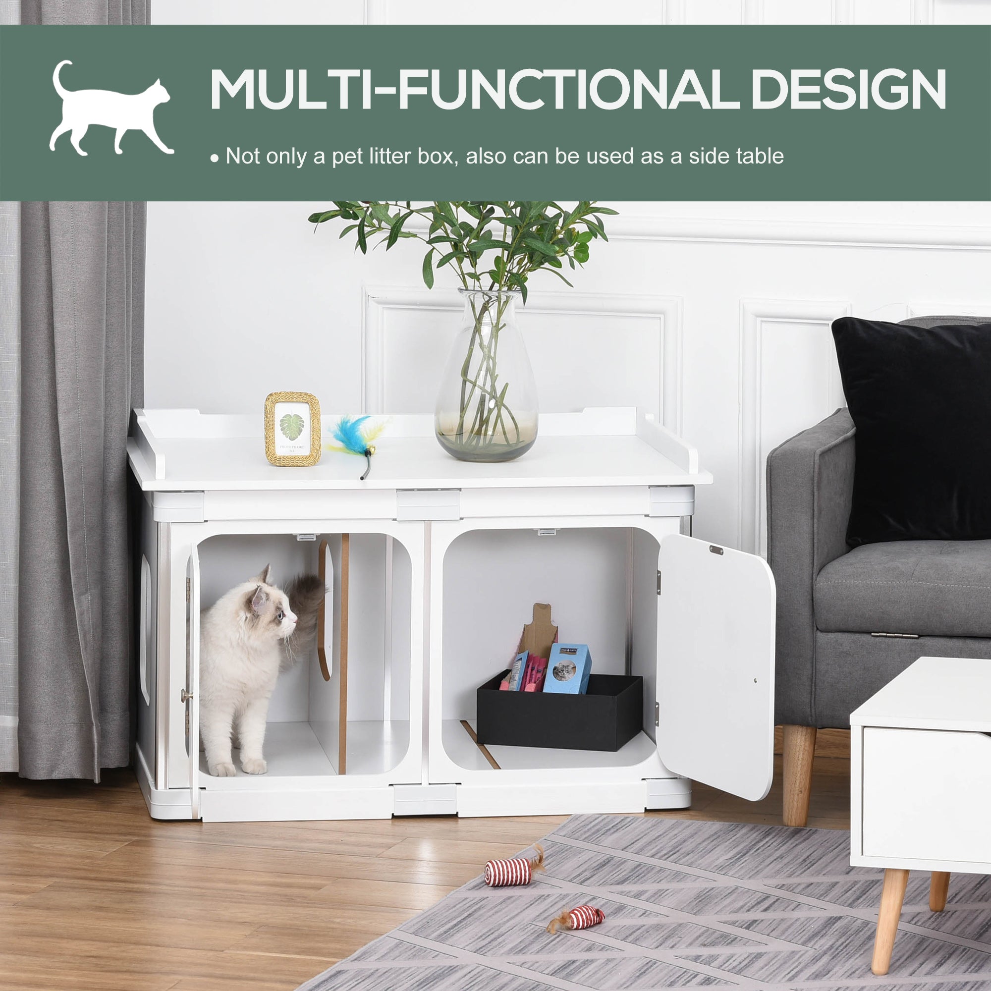PawHut Wooden Cat Litter Box Enclosure Washroom Toilet Home Cabinet Kitty House Nightstand End Table Magnetic Door Adjustable Partition Board White