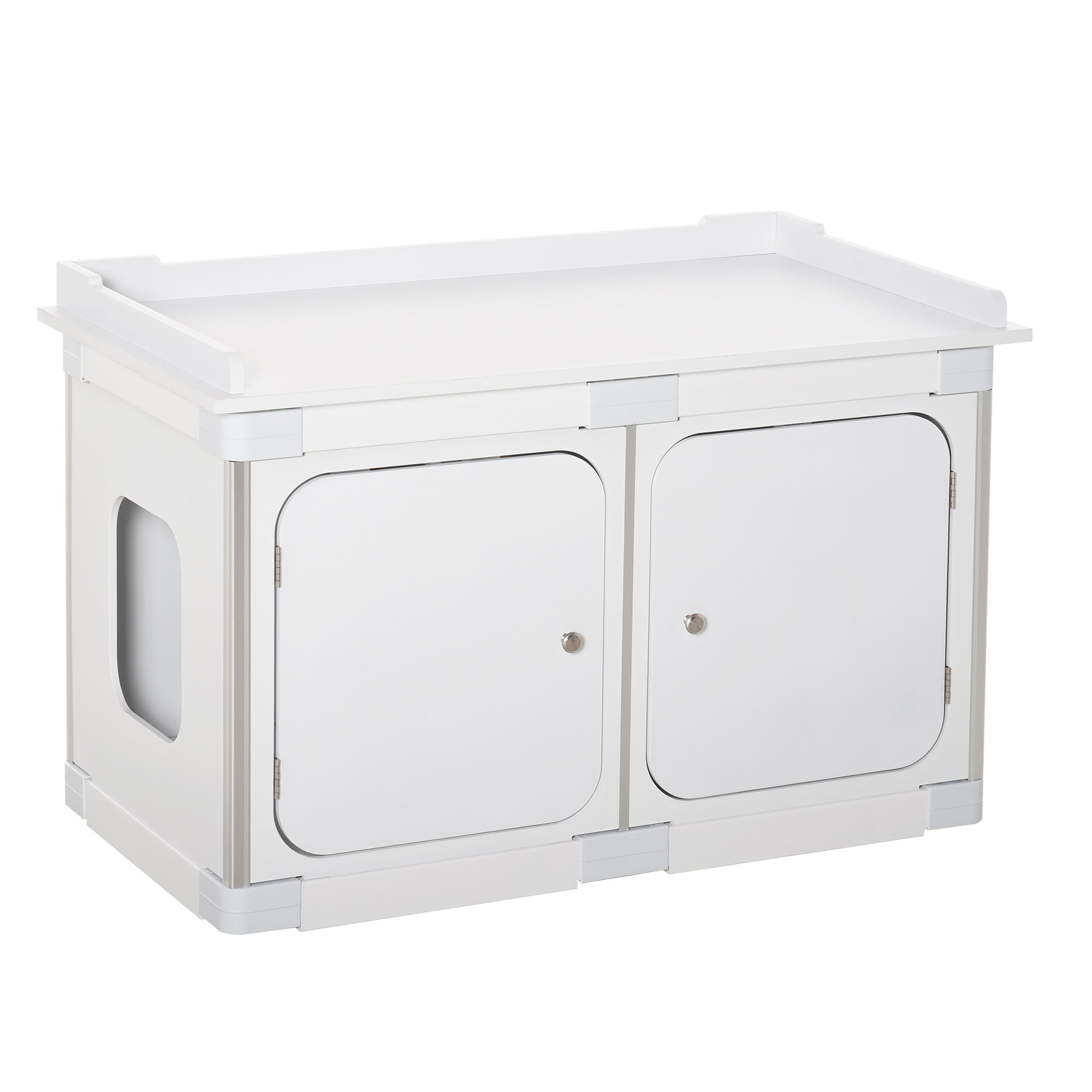 PawHut Wooden Cat Litter Box Enclosure Washroom Toilet Home Cabinet Kitty House Nightstand End Table Magnetic Door Adjustable Partition Board White